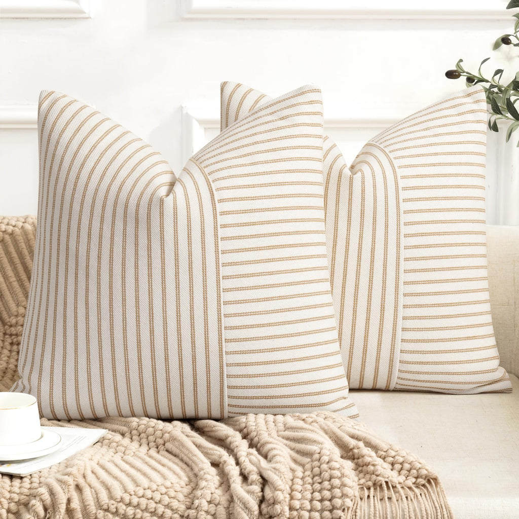 YCOLL Farmhouse Pillow Covers 18x18, Modern Accent Square Throw Pillow Covers Set of 2, Gray and Beige Striped Patchwork Linen Decorative Pillows Cushion Covers for Couch Chair Bedroom Home Decor