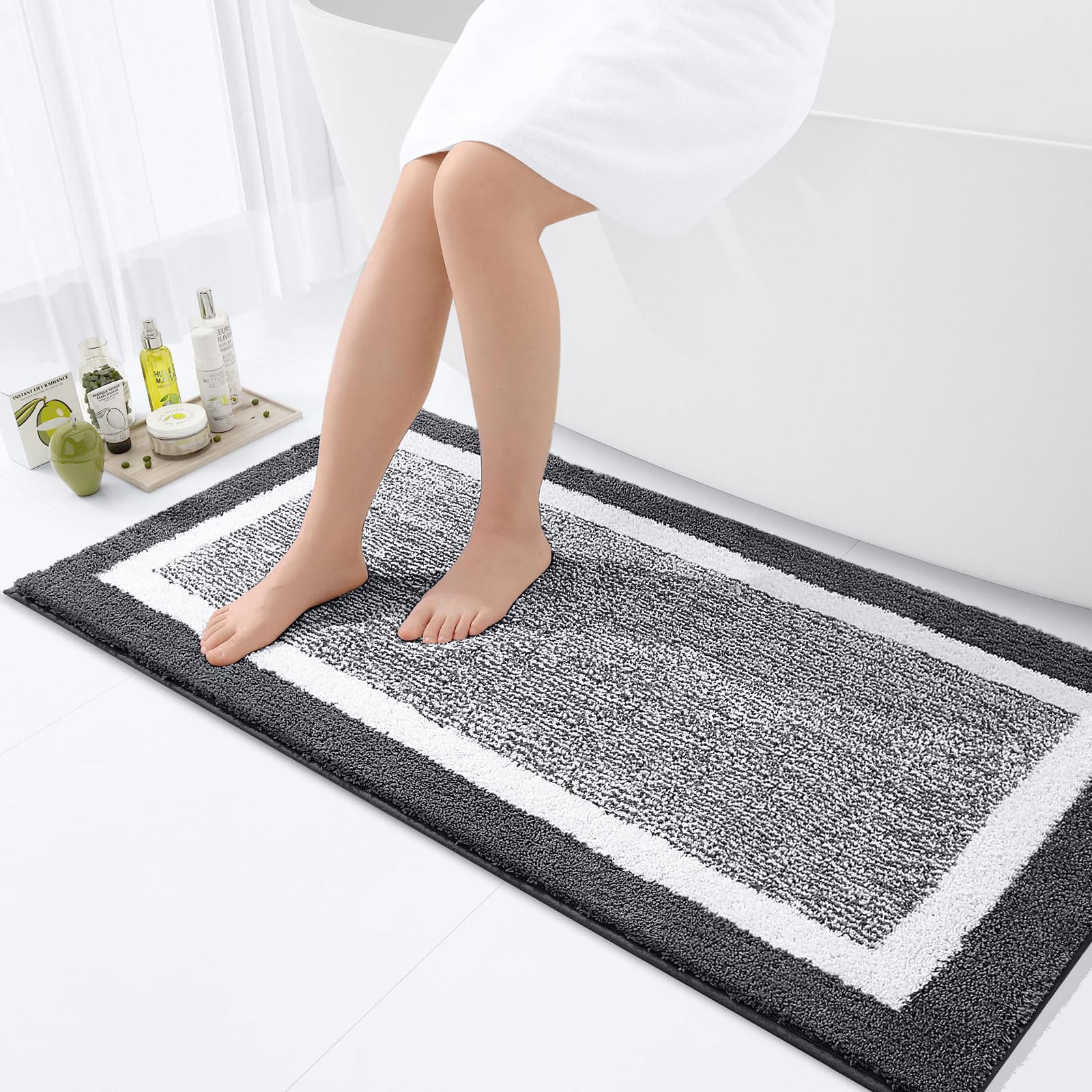 OLANLY Small Bathroom Rugs 24x16, Extra Soft and Absorbent Microfiber Bath Rugs, Non-Slip, Machine Washable, Quick Dry Shaggy Bath Carpet, Bath Mats for Bathroom Floor, Tub, Shower, Grey