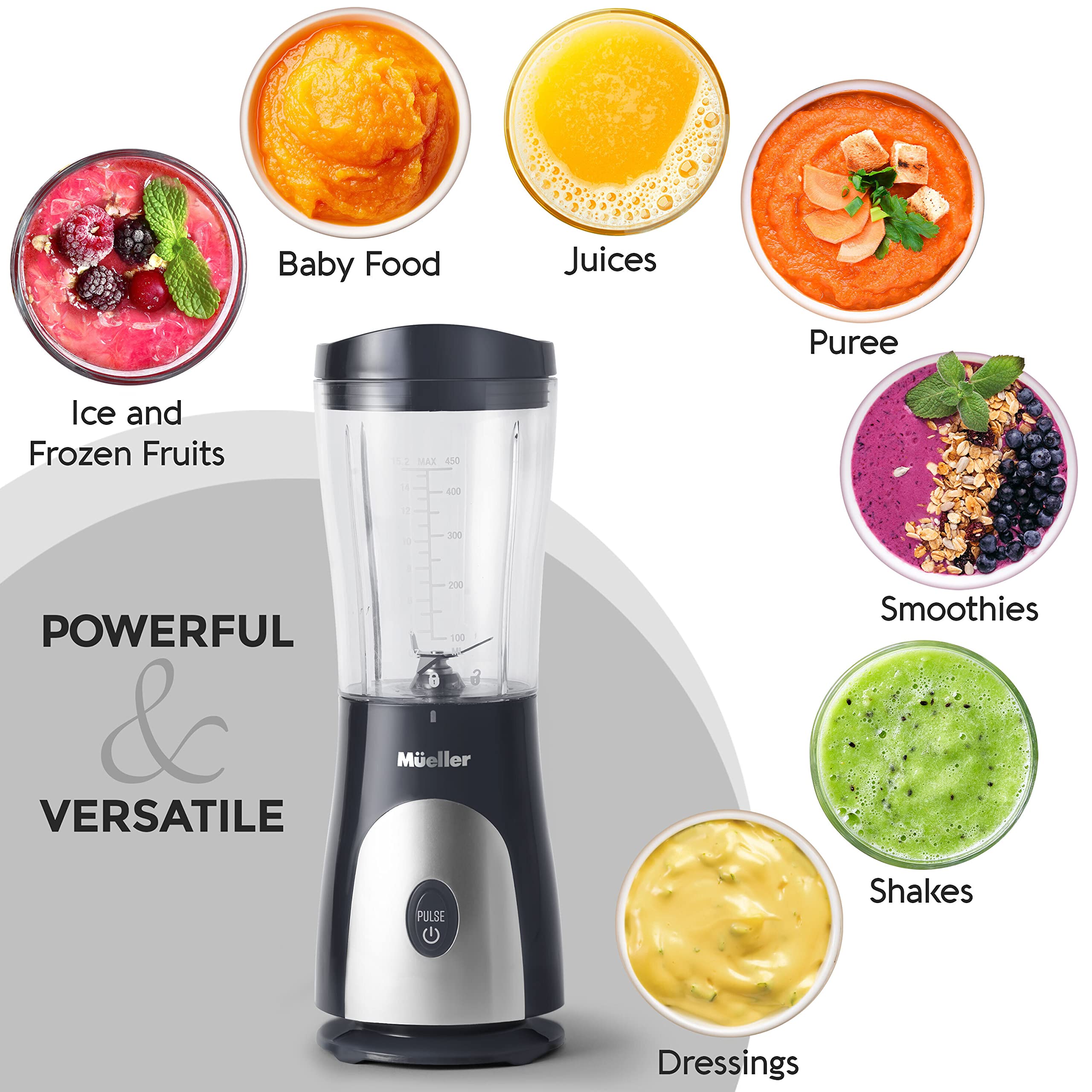 Mueller Smoothie Blender for Smoothies - Personal Blender for Shakes, Frozen Drinks, Baby Food & More, 15oz Travel Cup and Lid, Durable Stainless Steel Blades for Powerful Blending Performance, Black