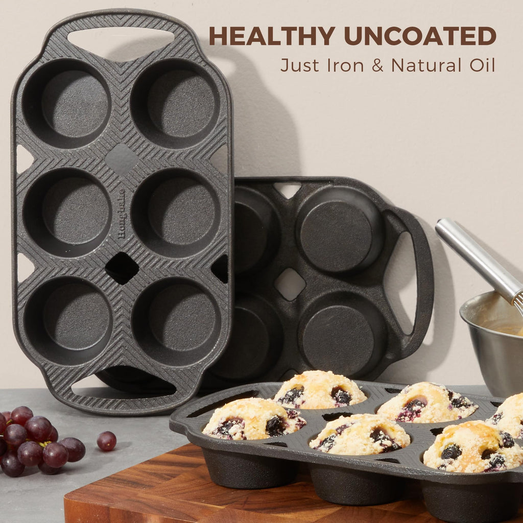 HONGBAKE Everline Collection Cast Iron Muffin Pans, Non toxic Uncoated 6-Cup Muffin Tins, Non-Stick Pre-Seasoned Cupcake Tray Pan Set for Baking, Oven & Stovetop Safe, Standard Size, 2 Pack