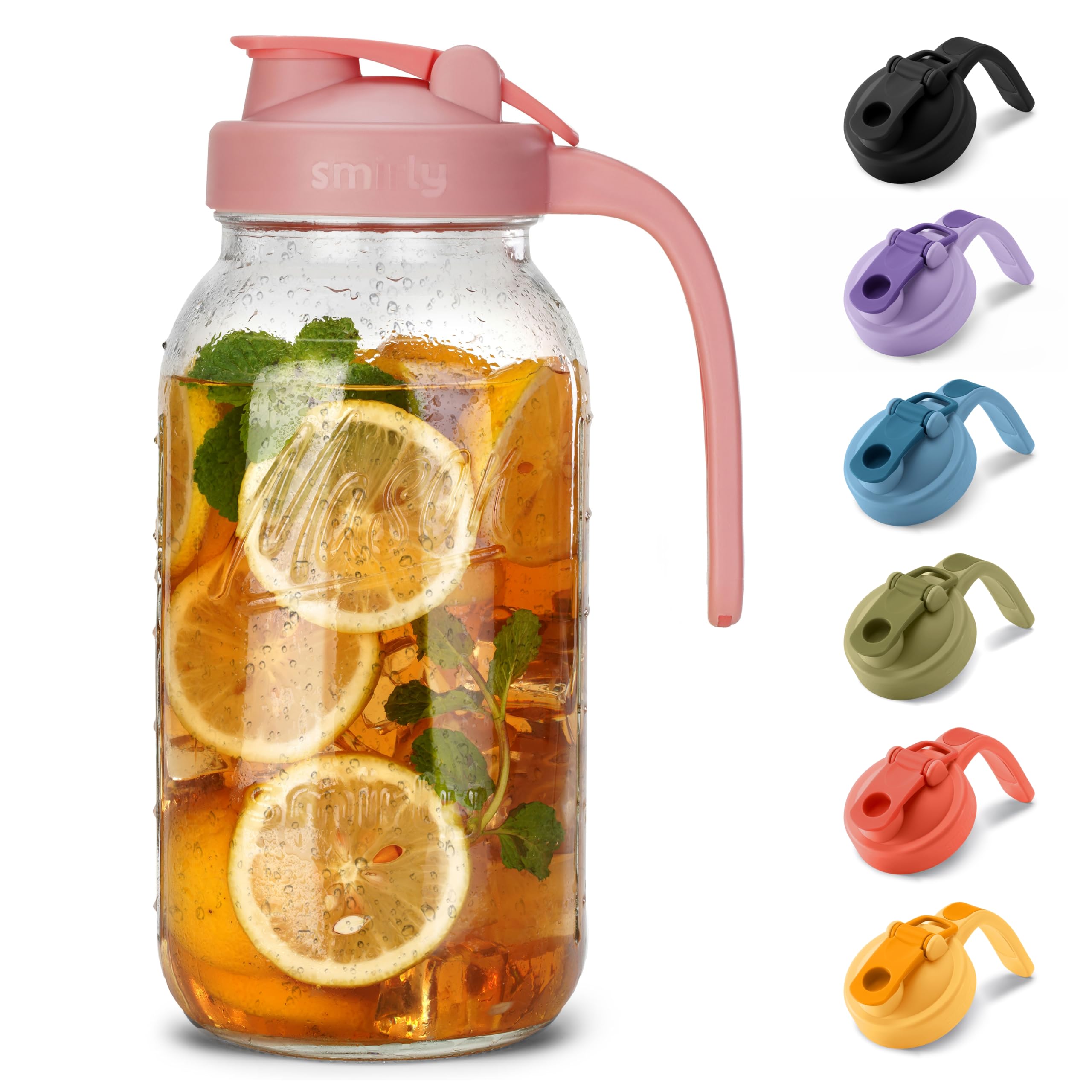 SMIRLY 64 oz Mason Jar Pitcher,Glass Pitcher with Wide Mouth,Water Jug with Double Leak Proof Lid for Iced Coffee,Hot Water,Breast Milk