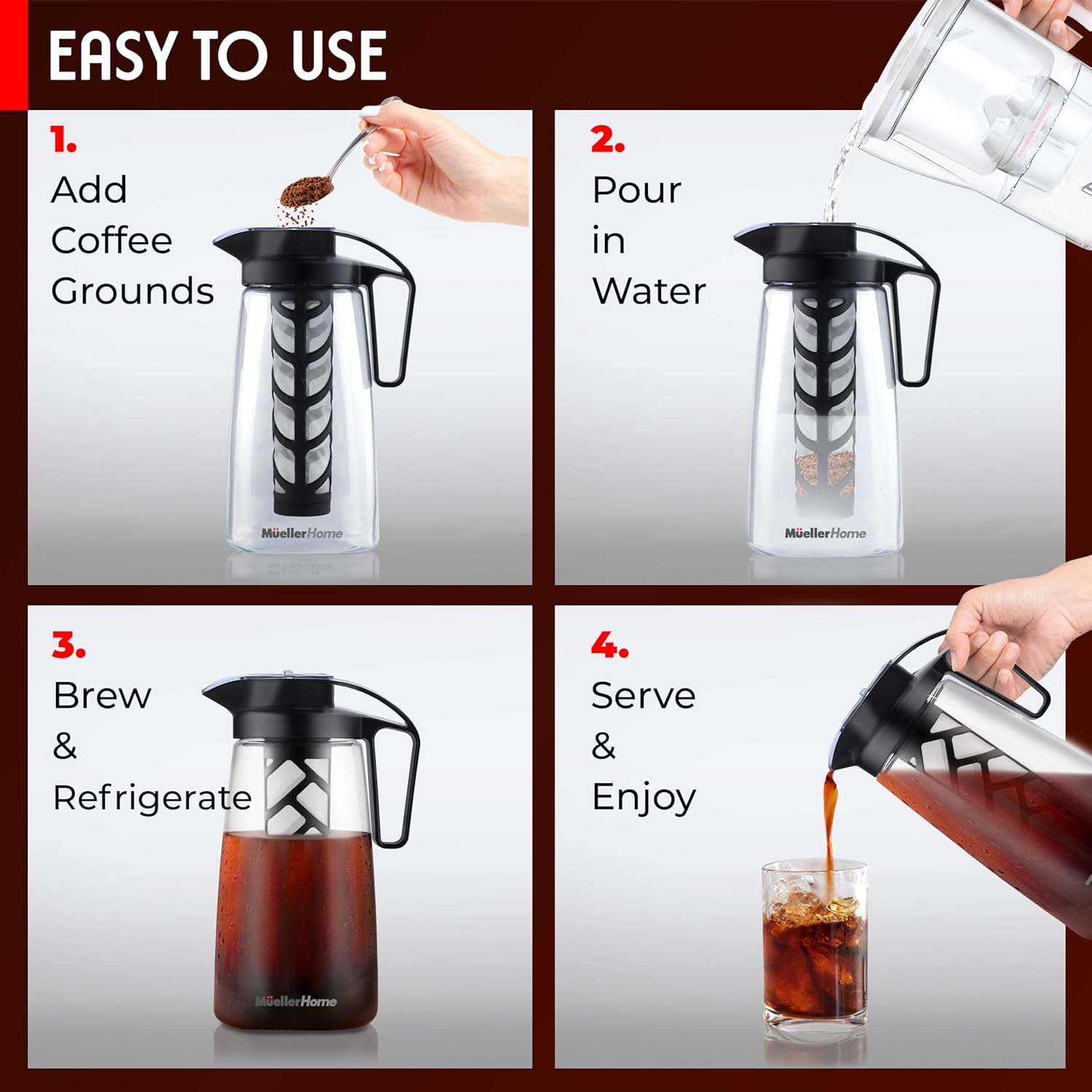 Cold Brew Coffee Maker, 64 oz Tritan Fortified Pitcher, Pour Spout Handle Lid, Resilient & Leak-Proof for Iced Coffee Tea