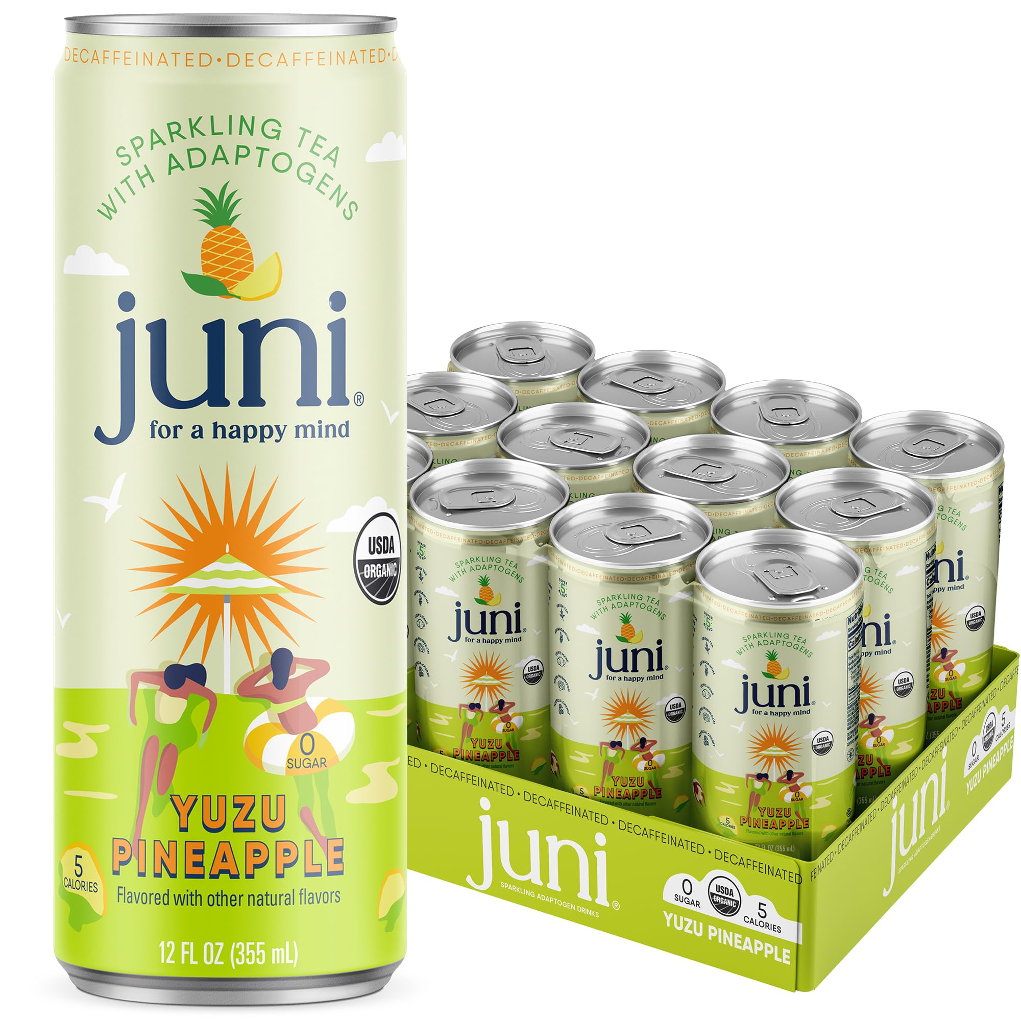 Juni Sparkling Adaptogen Drink with Ashwagandha, Lion’s Mane & Reishi Mushrooms | Green Tea for Focus, Zero Sugar, 5 Calories | Decaffeinated, Non Alcoholic Drinks – Variety Pack (12 Pack)