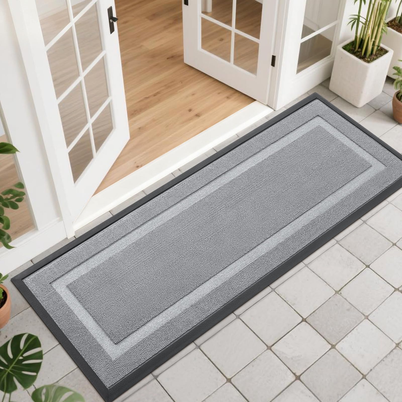 OLANLY Front Door Mat Indoor Outdoor Entrance, Waterproof All-Season, All-Weather Doormat, Sturdy Natural Rubber, Fade Resistant, Low Profile, Easy Clean Patio Porch Entryway Mat, 29.5x17, Black
