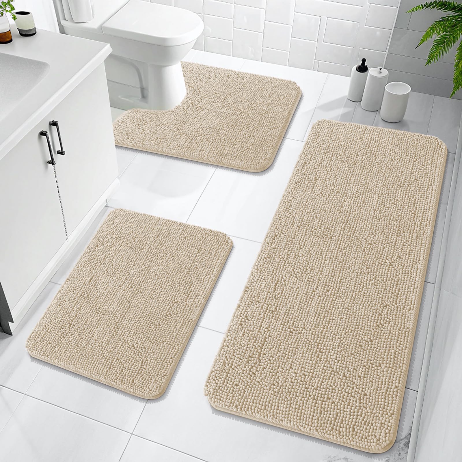 OLANLY Bathroom Rugs Sets 3 Piece, Soft Absorbent Chenille Bath Mats and U-Shaped Contour Toilet Rug, Quick Dry, Home Decor Accessories, Bath Mat Set for Bathroom (30"x20"+24"x16"+24"x20", Grey)