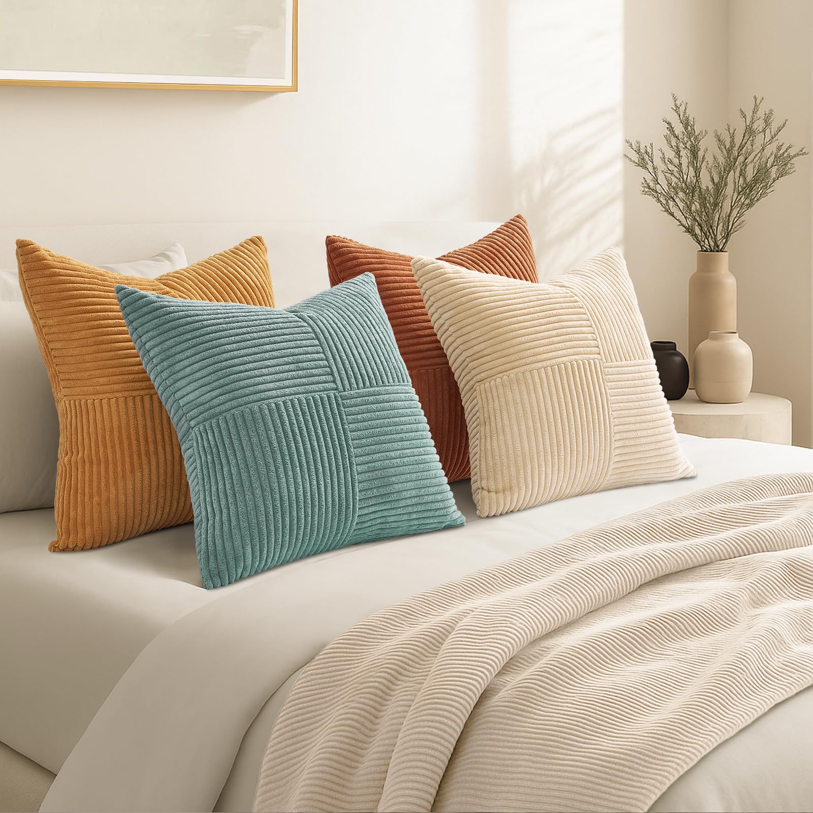 Topfinel SageGreen Throw Pillow Covers 18X18 Inch Set of 4,Boho Farmhouse Cozy Cushion Cover with Corduroy,Soft Accent Forest Green Pillow Covers for Couch,Bed,Living Room Home Decor