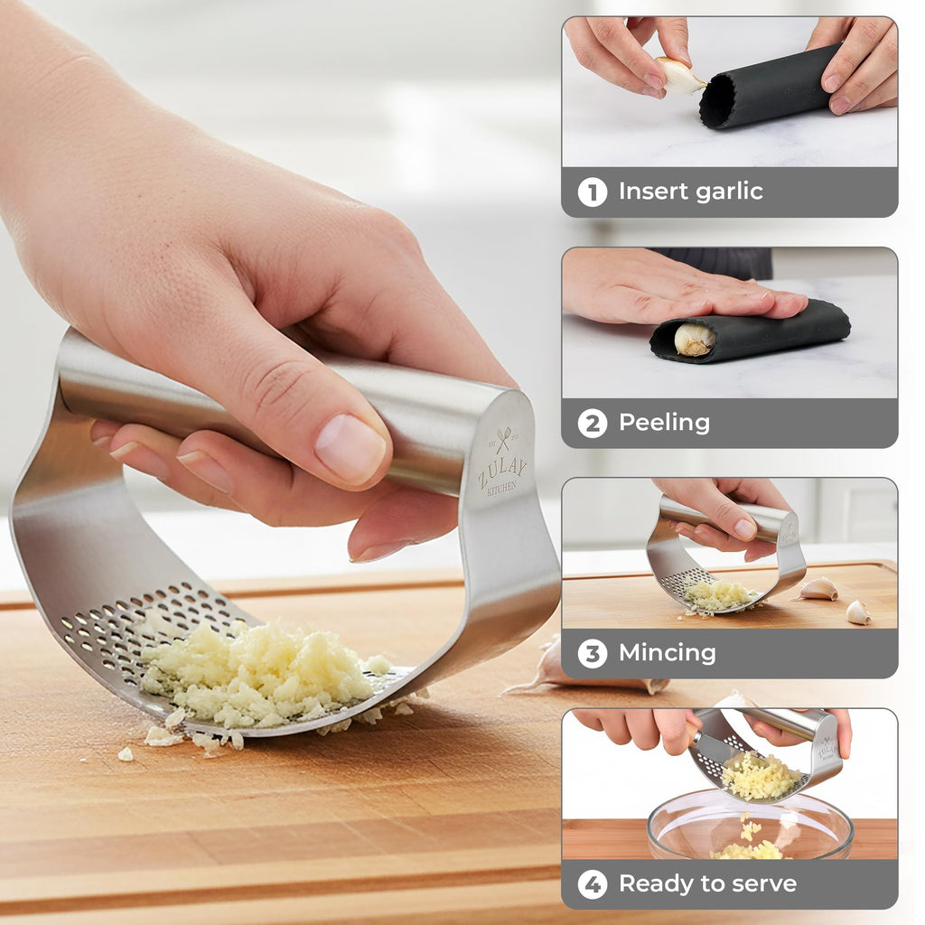 Zulay Kitchen Premium Garlic Press Set - Rust Proof Professional Garlic Mincer Tool - Easy-Squeeze, Easy-Clean with Soft, Ergonomic Handle - Silicone Garlic Peeler & Brush (Silver)
