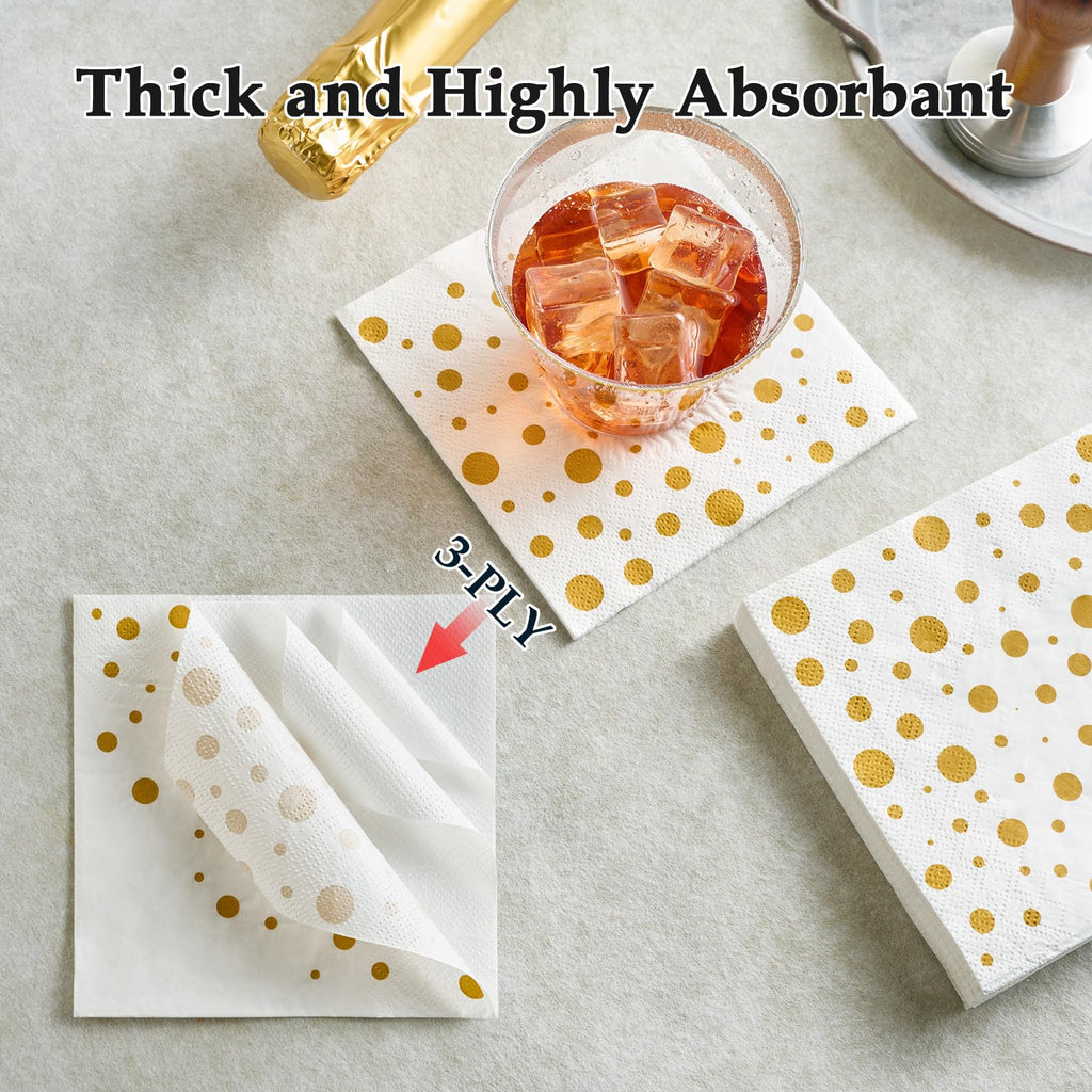 Vplus 200 Pack Cocktail Napkins Paper, 3-Ply Beverage Napkins, Disposable Gold Square Napkins, Perfect for Restaurant, Event, Bar, Wedding, Baby Shower and Birthday Party