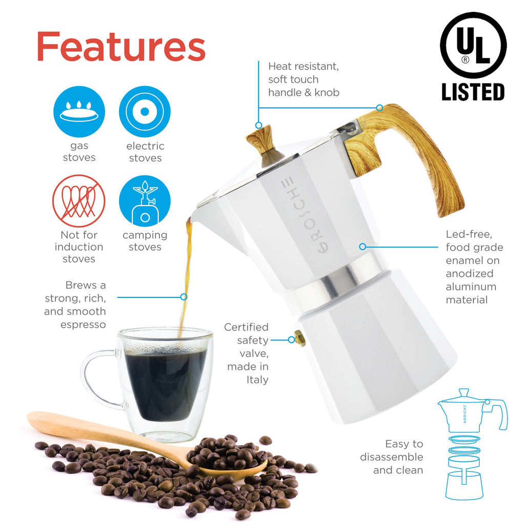 GROSCHE Milano Moka pot, Stovetop Espresso maker, Greca Coffee Maker, Stovetop coffee maker and espresso maker percolator (Grey, 6 cup)