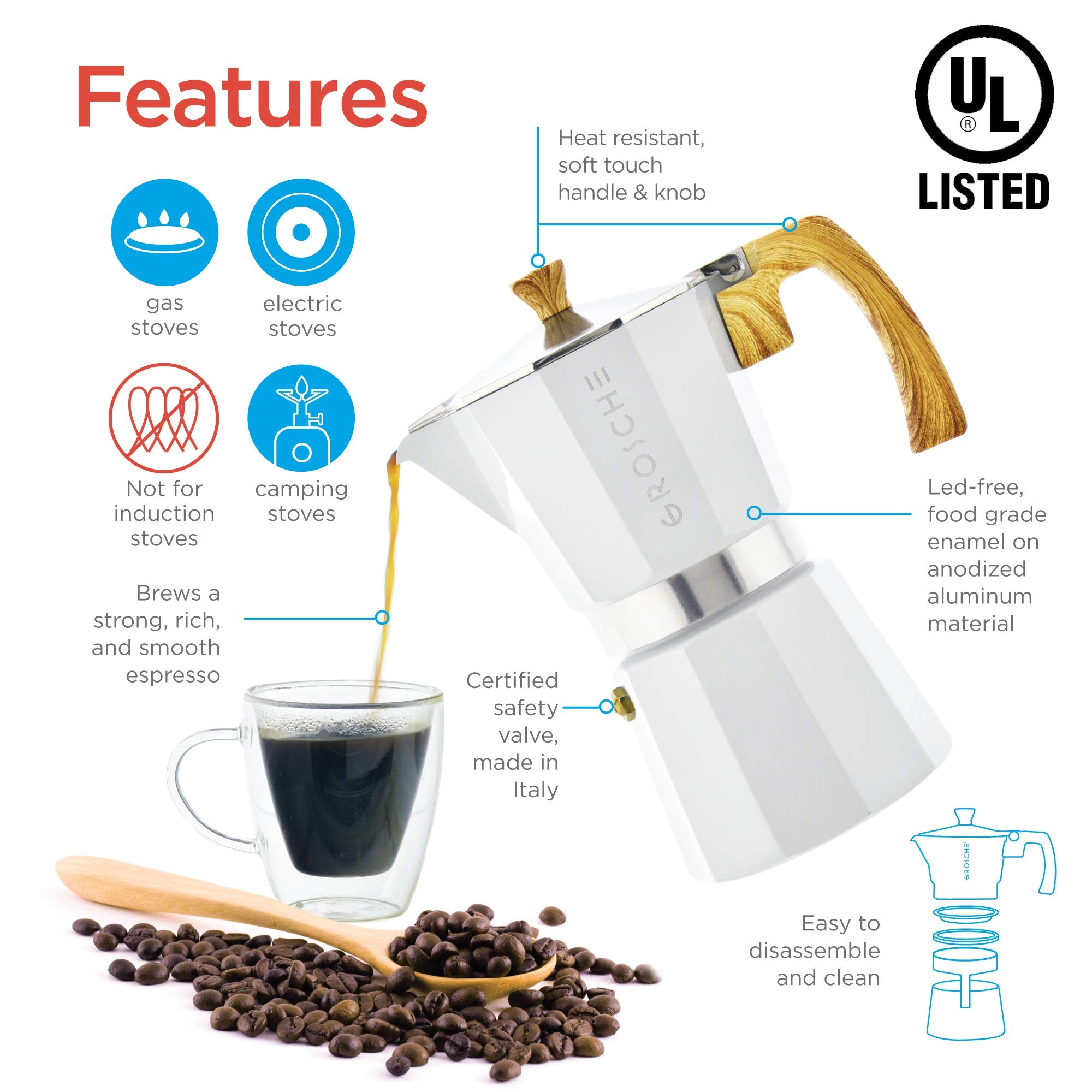 GROSCHE Milano Moka pot, Stovetop Espresso maker, Greca Coffee Maker, Stovetop coffee maker and espresso maker percolator (Grey, 6 cup)