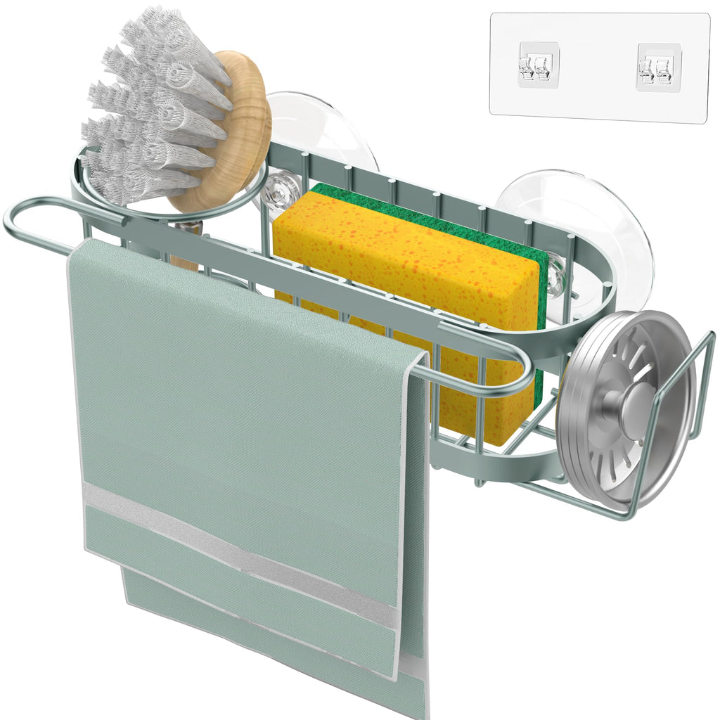 Cisily Organizador de Fregadero de Cocina con Soporte para Esponja en el Fregadero, Organizador de Fregadero de Cocina de Acero Inoxidable, Soporte para Cepillo, Percha para Paños de Platos, Soporte