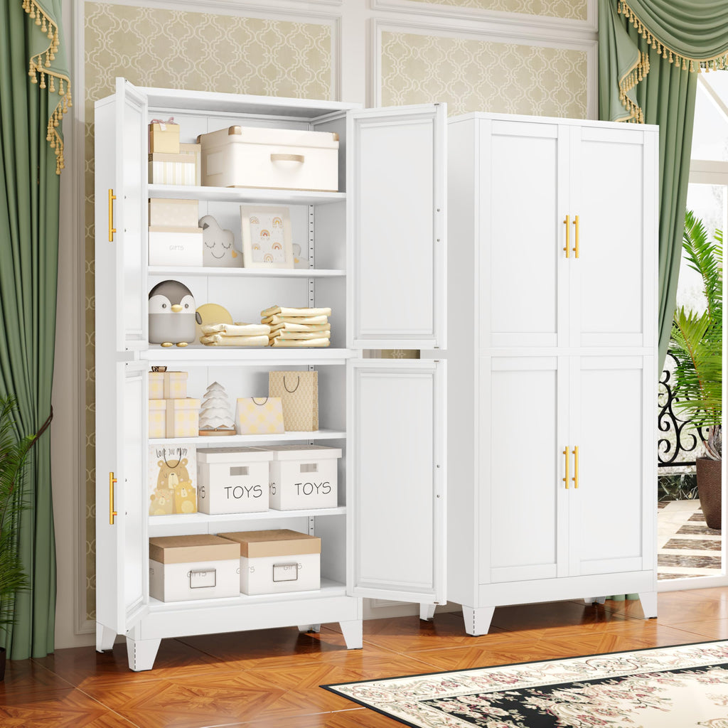 GAIOUS Metal Pantry Cabinet, Kitchen Pantry Storage Cabinets with 2 Door and 3 Adjustable Shelves, White Kitchen Pantry Cabinet, Freestanding Cupboard for Dining Room Living Room Bathroom