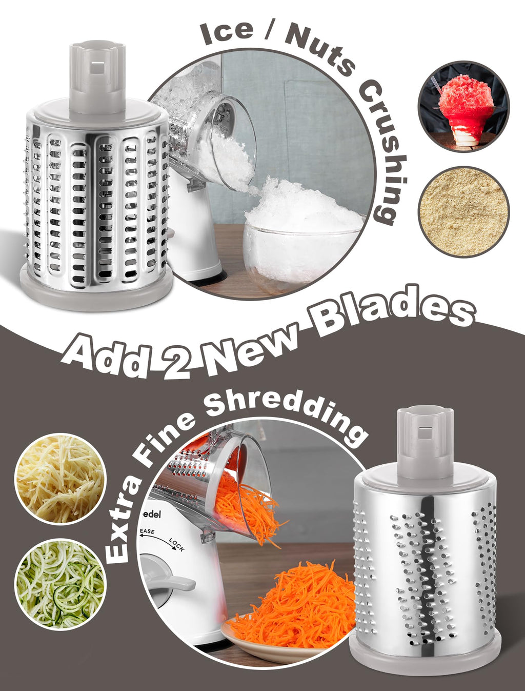 Geedel Rotary Cheese Grater, Kitchen Mandoline Vegetable Slicer with 3 Interchangeable Blades, Easy to Clean Rotary Grater Slicer for Fruit, Vegetables, Nuts