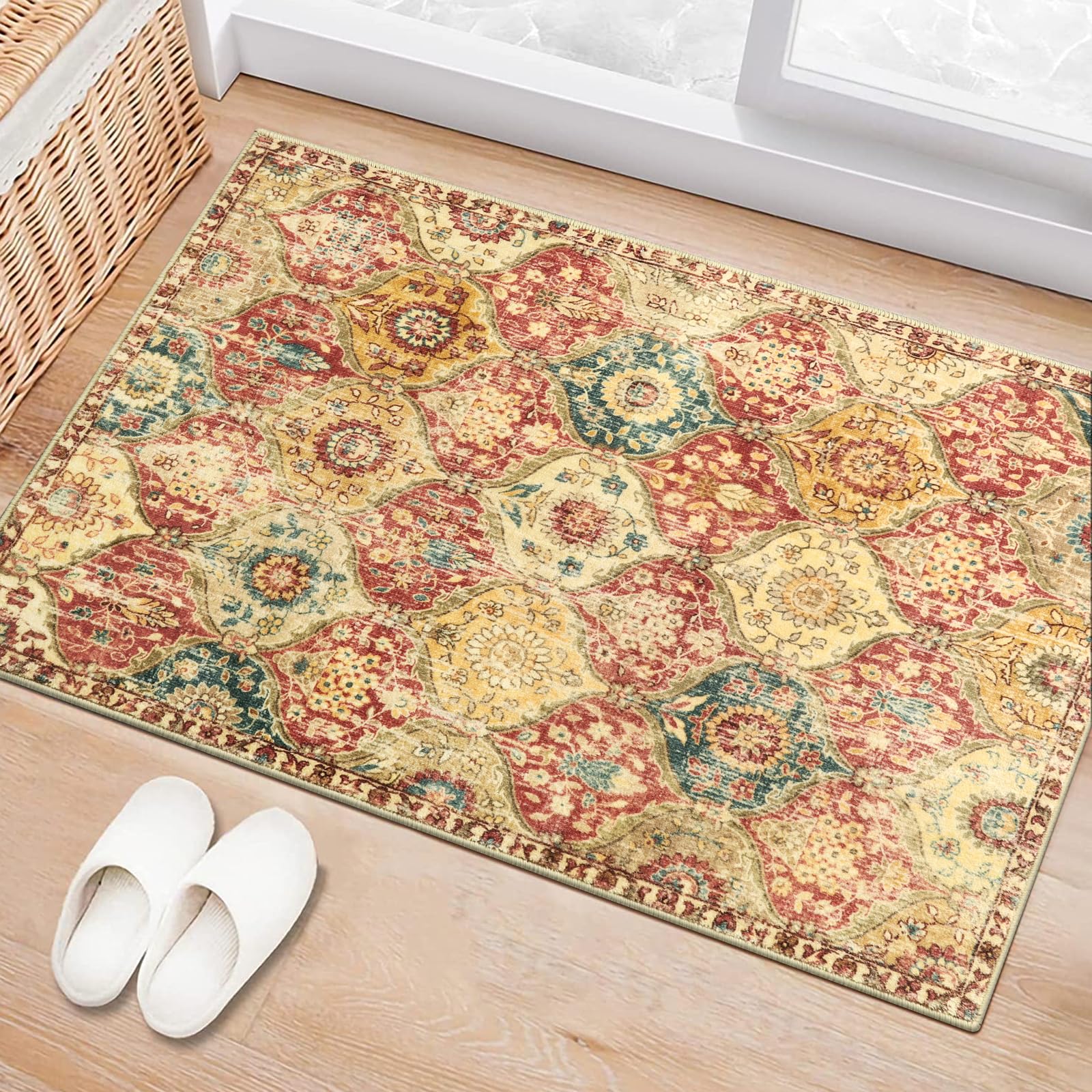 Lahome Moroccan Trellis Washable Rug, 2x3 Kitchen Rugs for Entryway Bathroom, Non-Slip Indoor Door Mat Ultra-Thin, Small Oriental Throw Carpet for Bedroom Entry Elise, Cream/Multi