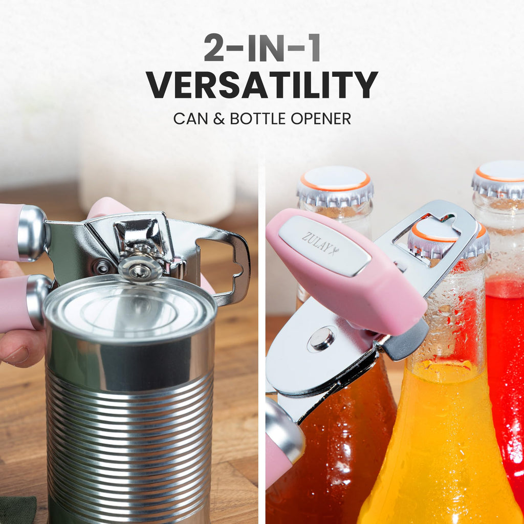 Zulay Kitchen COMFY™ Can Opener Manual with Bottle Opener - Rust Proof Stainless Steel Manual Can Opener With Turn Knob & Comfy Soft Grip Handles - Black