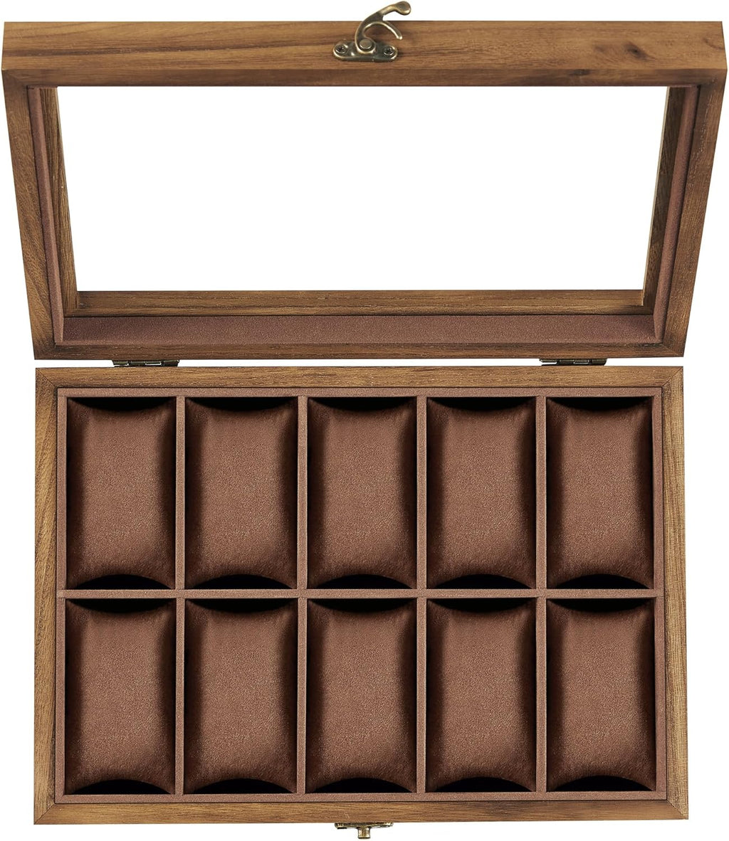 SONGMICS 10-Slot Watch Box, Watch Display Case with Large Glass Lid, Removable Watch Pillows, Velvet Lining, Gift Idea, Rustic Walnut UJOW100K01