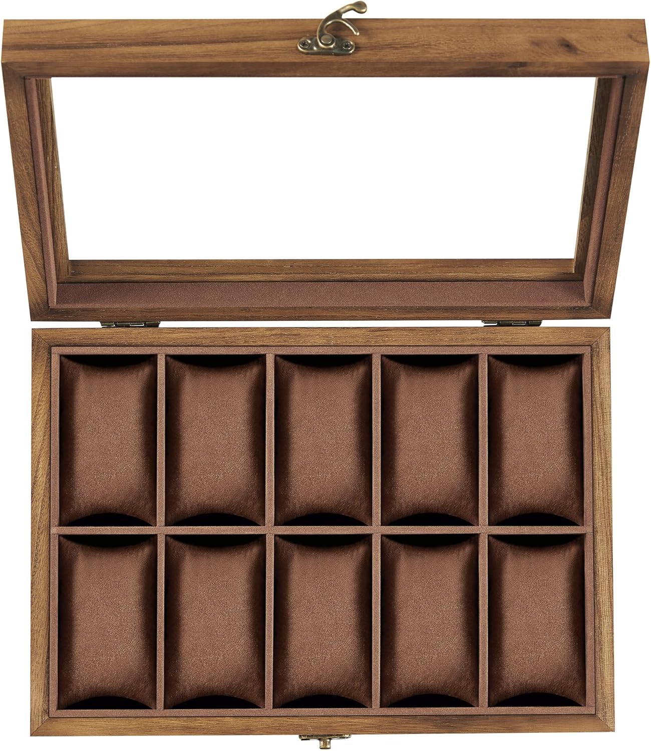 SONGMICS 10-Slot Watch Box, Watch Display Case with Large Glass Lid, Removable Watch Pillows, Velvet Lining, Gift Idea, Rustic Walnut UJOW100K01