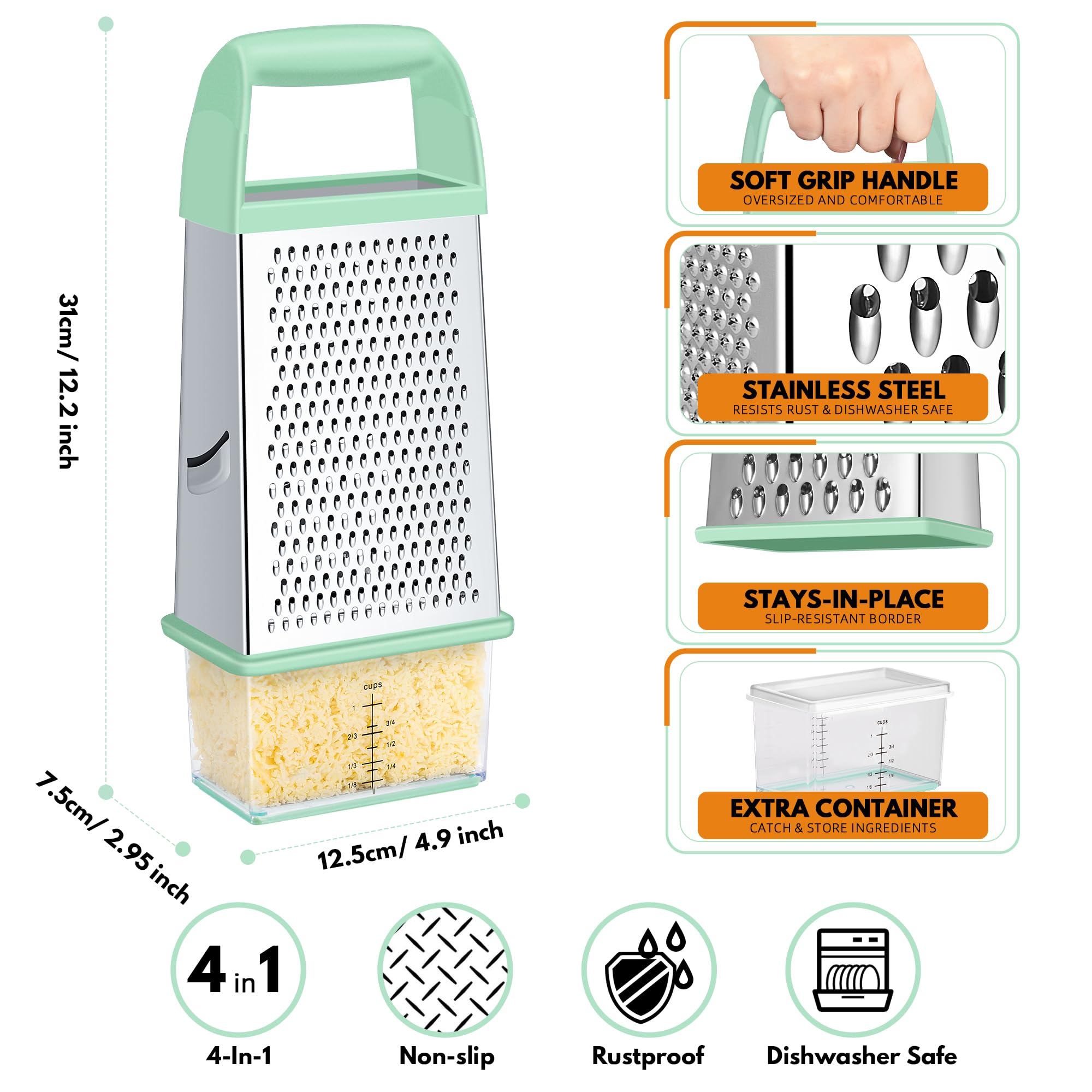 Urbanstrive Cheese Grater With Container Box Grater Stainless Steel Graters for Kitchen Cheese Shredder Parmesan Shredder Kitchen Gadgets Kitchen Tools Kitchen Gifts for Chef Dishwasher Safe Zester