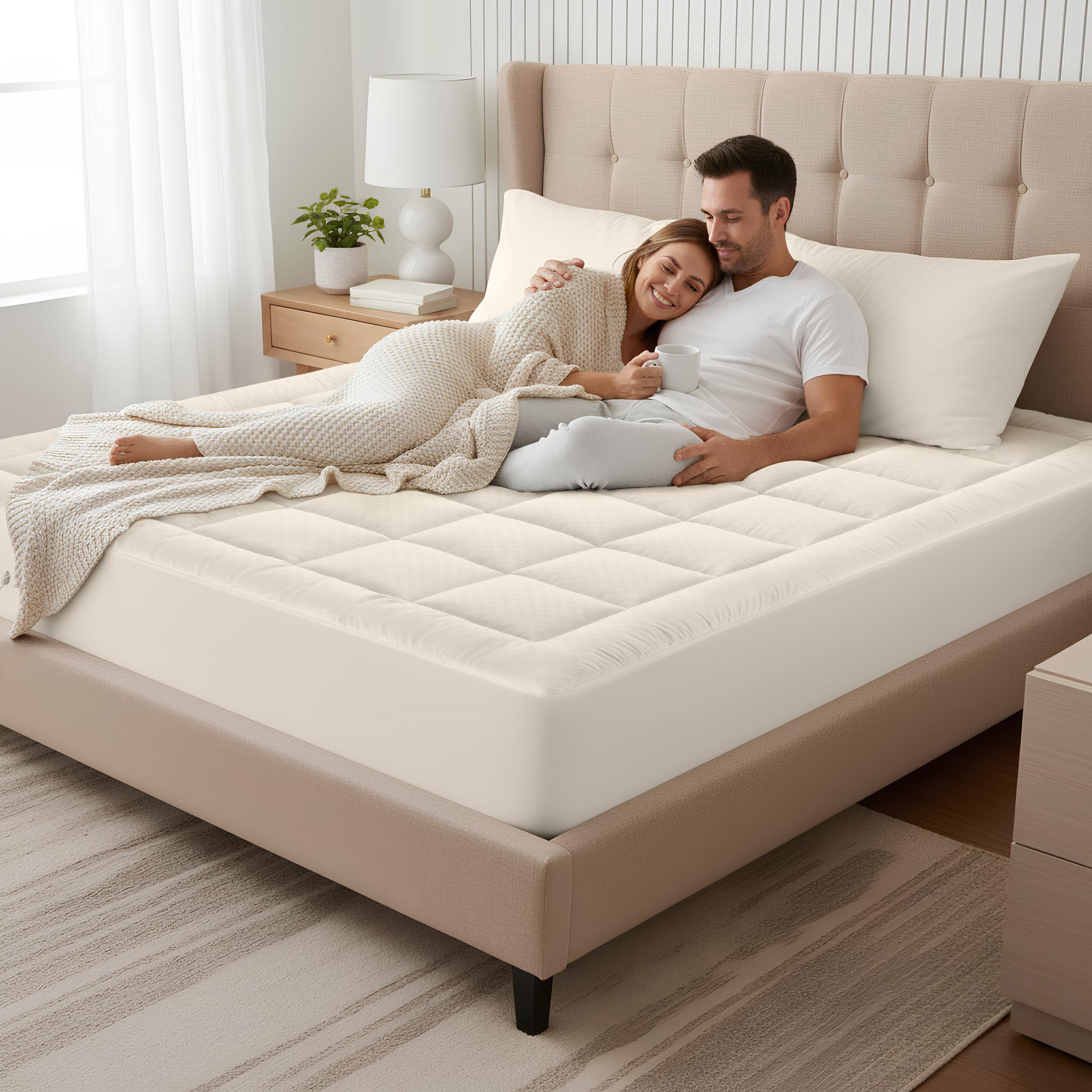 OLANLY Queen Quilted Fitted Mattress Pad – Soft Pillow Top Mattress Topper, Down Alternative Fill, Cooling Comfort Breathable Mattress Cover, Machine Washable Deep Pocket Mattress Protector, White