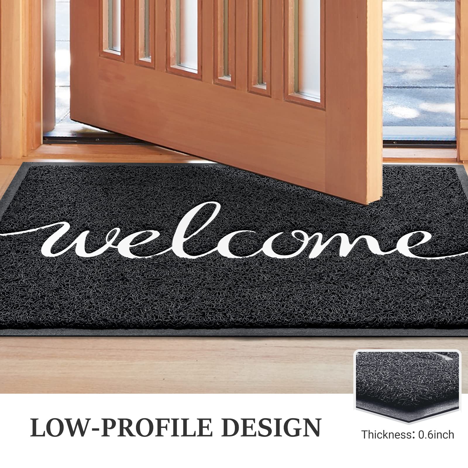 Door Mat (30"x17.5",Black), Welcome Mat Low Profile Front Doormat Floor Mat Non Slip Rugs for Entryway, Patio, High Traffic Areas
