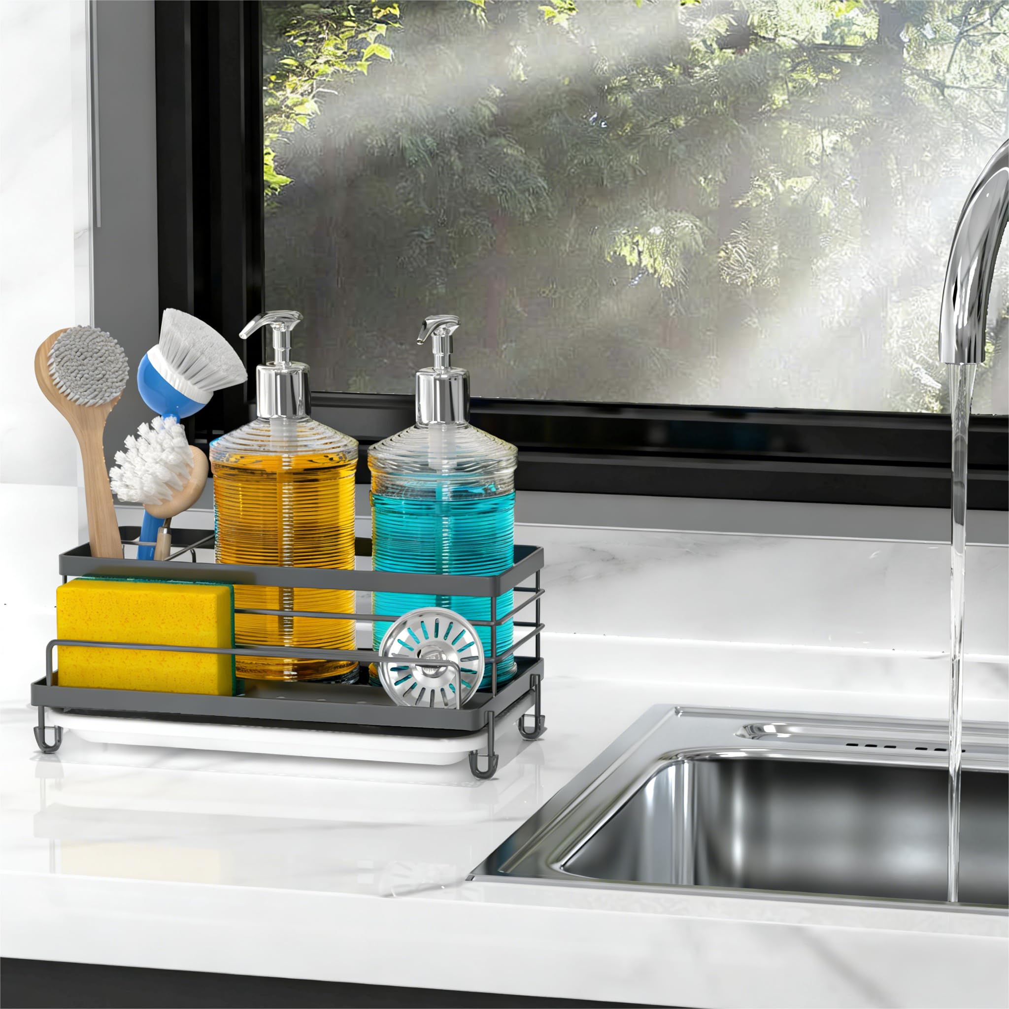 Cisily Black Sponge Holder for Kitchen, Sink Caddy Sink Organizer Rack for Kitchen Accessories with Drip Tray, Rustproof and Non-slip, Soap Dispenser Countertop Organizer Essentials for New Home