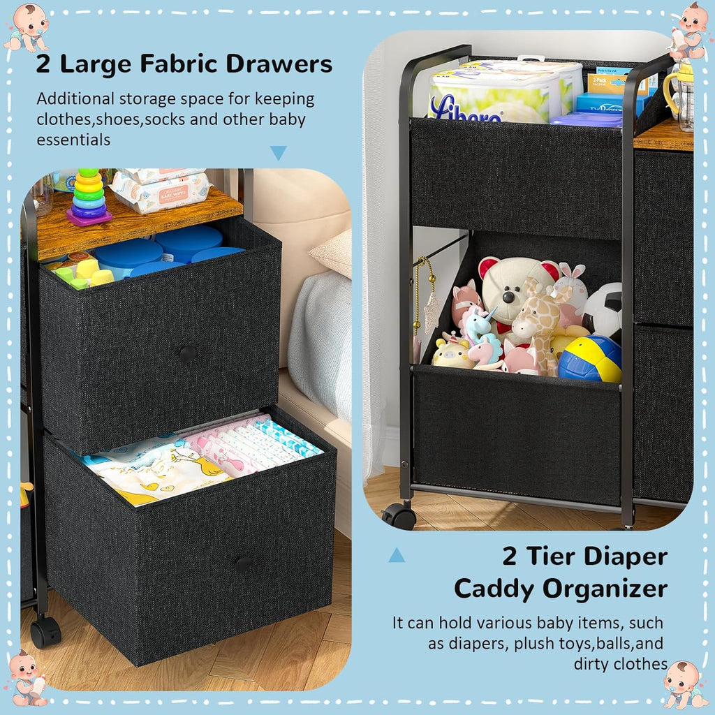 Baby Diaper Caddy Organizer Cart with Wheels, Rolling Cart with Dividers and Drawers, Mobile Utility Cart Bedside for Nursery, Bedroom, Baby Newborn Essentials Storage Cart, Black