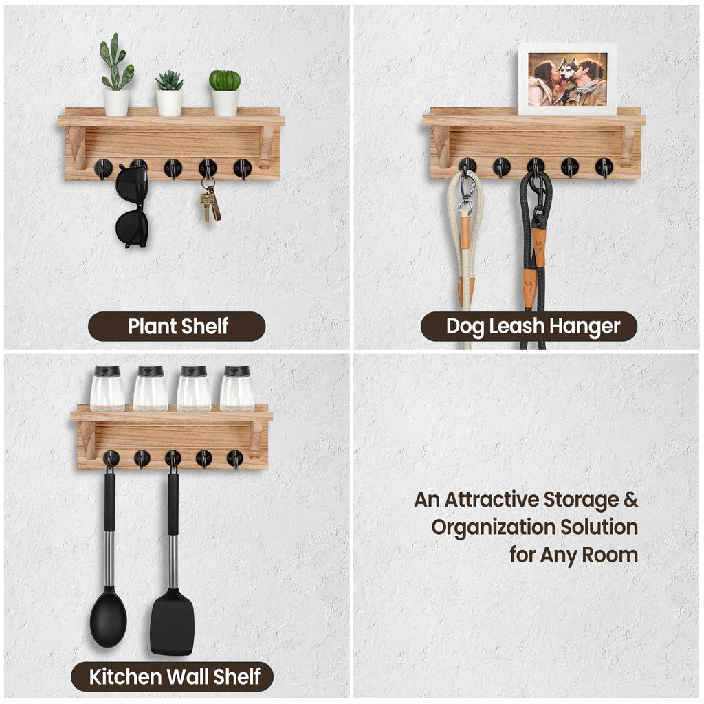 Wall Key Holder with Shelf, Rustic Shelf with Hooks Made of Paulownia Wood Holds Keys, Dog Leash, Bags and More - 13.7" W x 4.7" H x 3.5" D Decorative Key Hanger and Entryway Shelf (Gray)