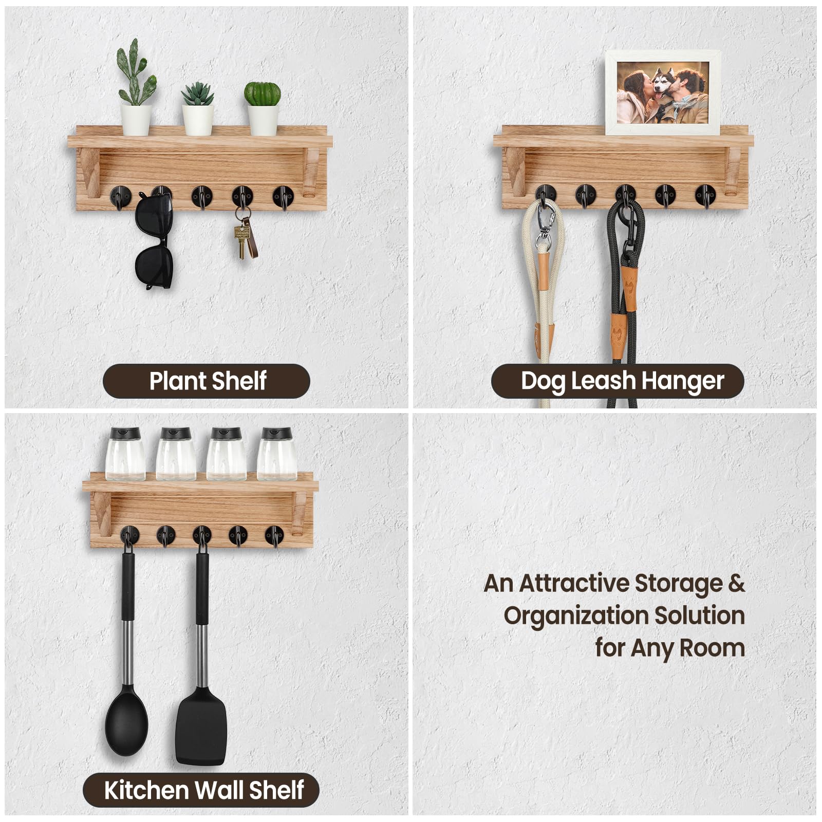 Wall Key Holder with Shelf, Rustic Shelf with Hooks Made of Paulownia Wood Holds Keys, Dog Leash, Bags and More - 13.7" W x 4.7" H x 3.5" D Decorative Key Hanger and Entryway Shelf (Gray)