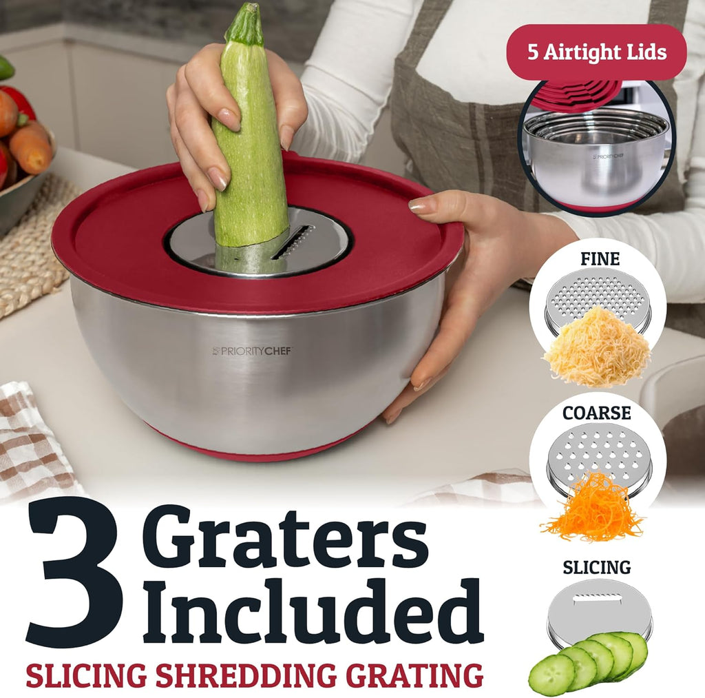 Priority Chef Stainless Steel Mixing Bowls with Lids Set, 3 Grater Attachments, Airtight Lids, Non-Slip Silicone Base Mixing Bowl Set, Large Prep Metal Mixing Bowls for Kitchen, Black