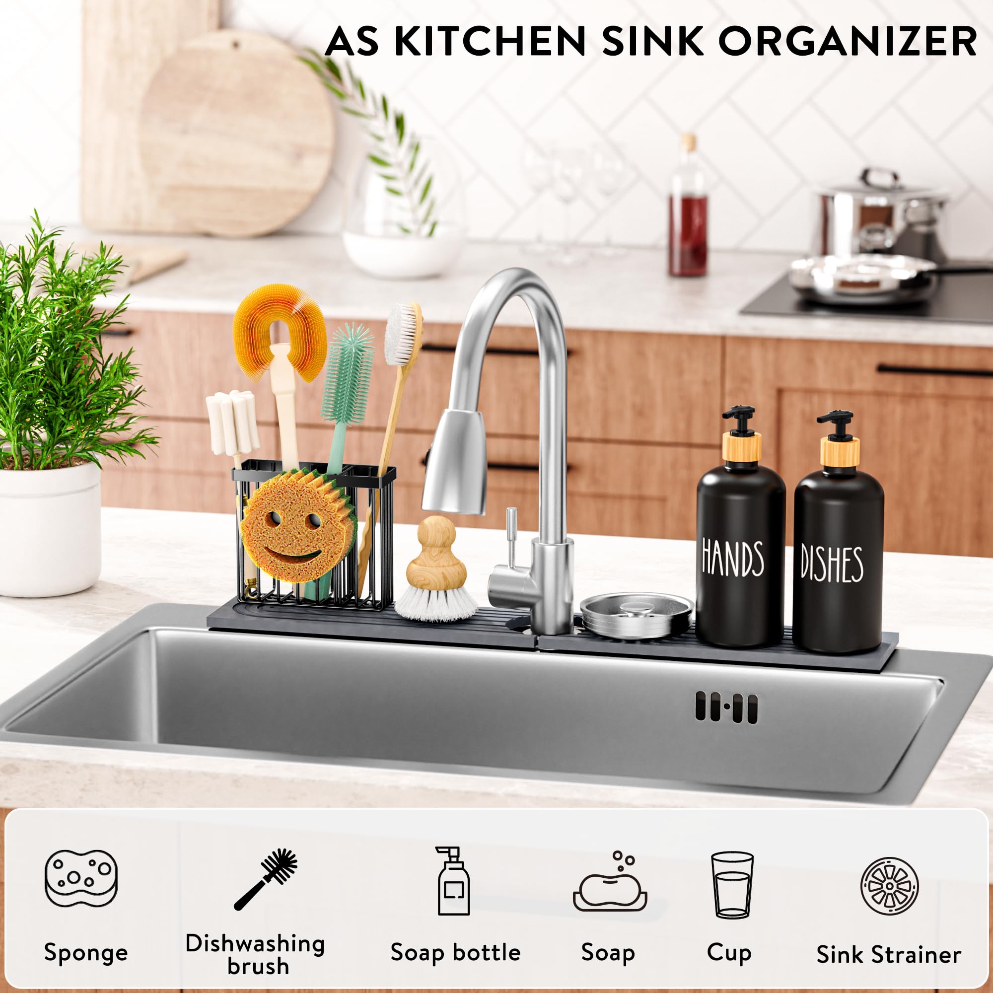 Cisily Tapete de diatomita para grifo de cocina con soporte para escobillas, absorbente para encimera de secado de piedra, área de protección contra salpicaduras de agua, detrás del fregadero de la cocina, organizador de accesorios de decoración
