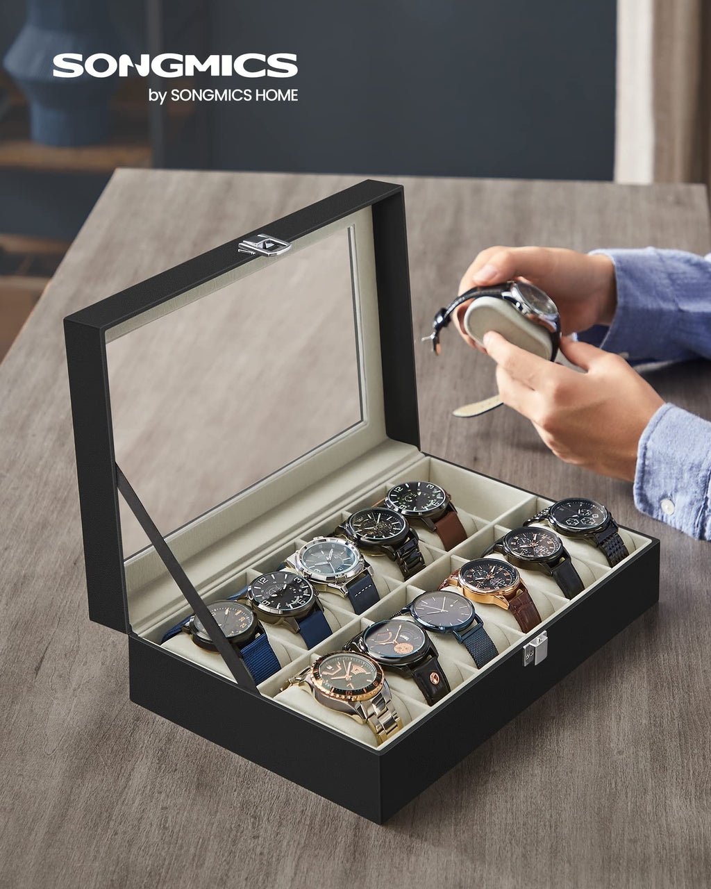 SONGMICS Watch Box, 12-Slot Watch Case Organizer with Large Glass Lid, Removable Pillows, Gift for Loved Ones, Black Synthetic Leather, Gray Lining UJWB12BK