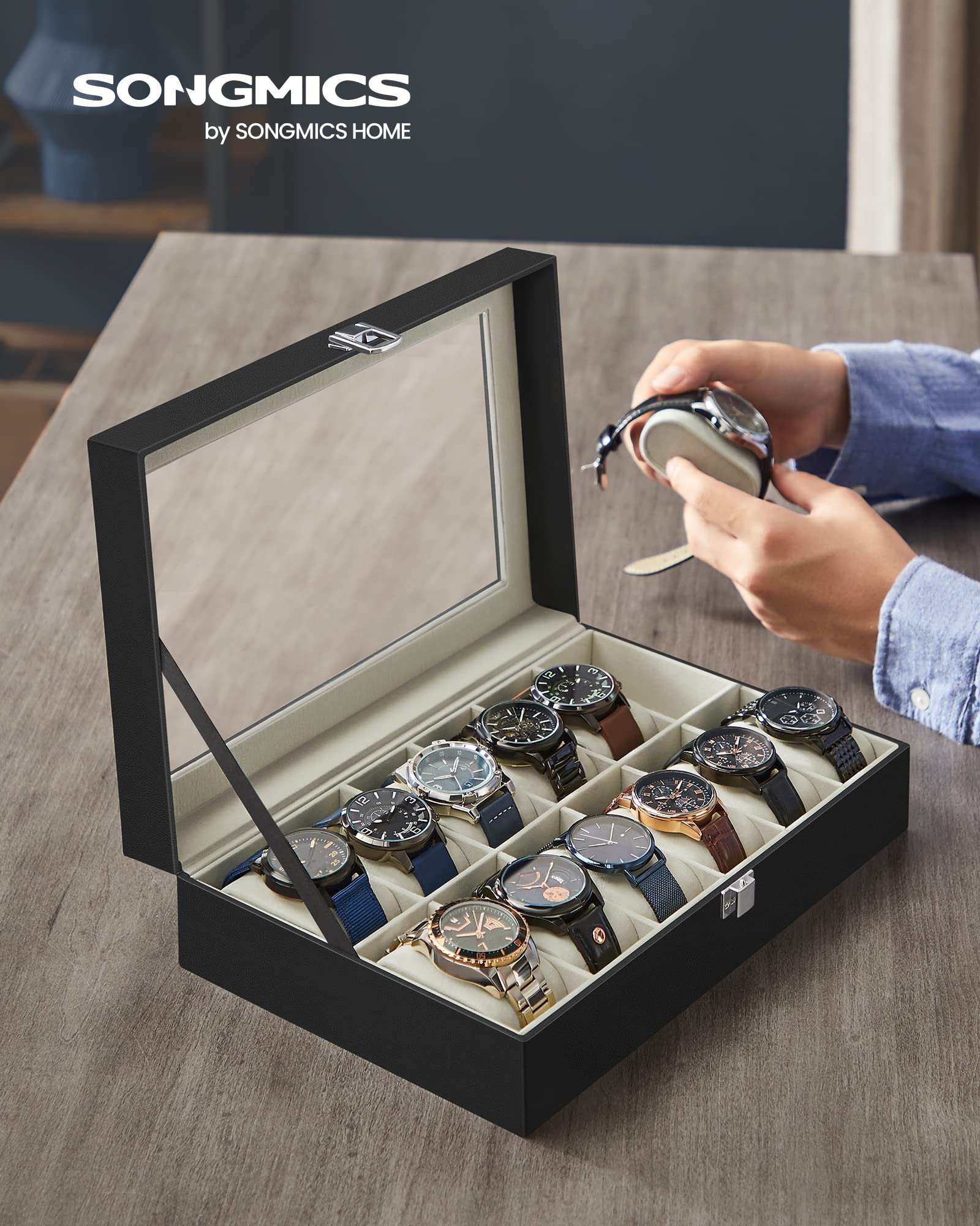 SONGMICS Watch Box, 12-Slot Watch Case Organizer with Large Glass Lid, Removable Pillows, Gift for Loved Ones, Black Synthetic Leather, Gray Lining UJWB12BK