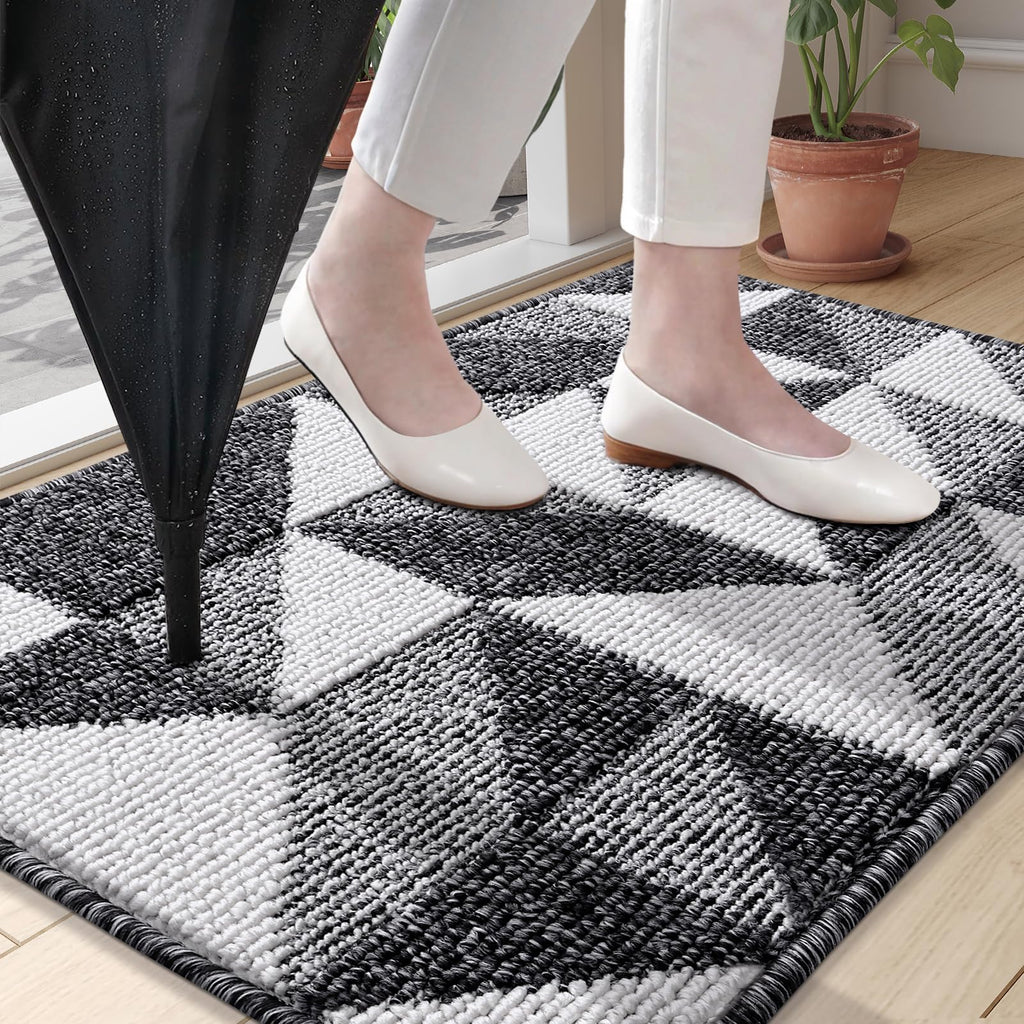 OLANLY Door Mat Indoor Entrance Washable 32x20, Odor-Free Low-Profile Front Back Geometric Doormat, Absorbent Resist Dirt Entry Carpet, Easy to Clean Sturdy Inside Floor Mats for Entryway, Black