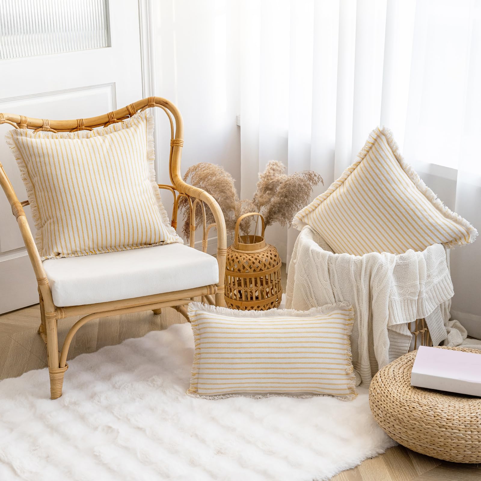 YEENAASY Throw Pillow Covers 20x20 Set of 2 Striped Fringe Pillow Cover Farmhouse Cushion Covers with Tassel Neutral Boho Pillows Decorative Square Pillowcase for Couch Sofa Bed, Black