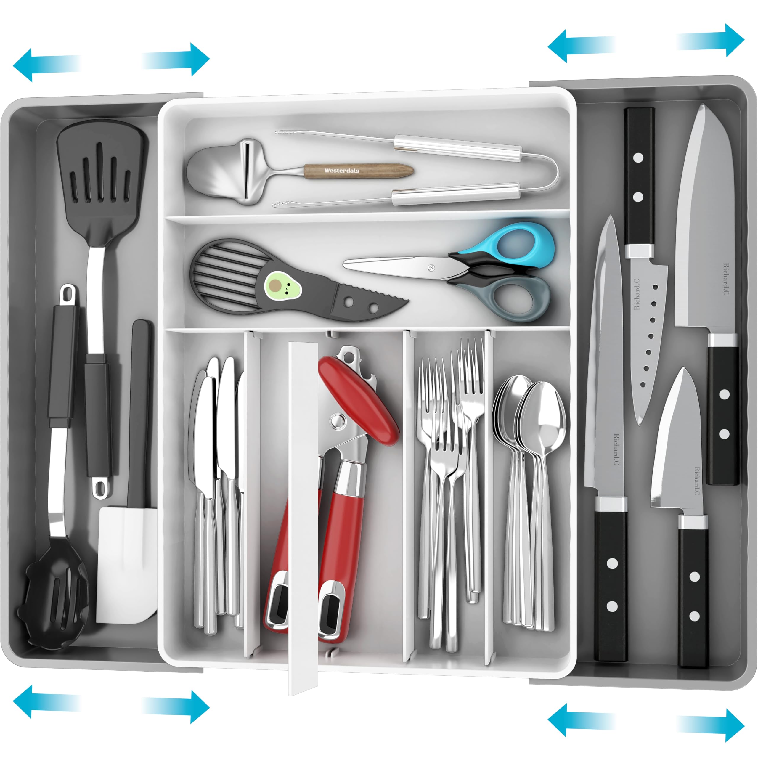 Simple Houseware Expandable & Adjustable Cutlery Drawer Organizer - Large Utensil and Flatware Tray for Kitchen Drawers, White