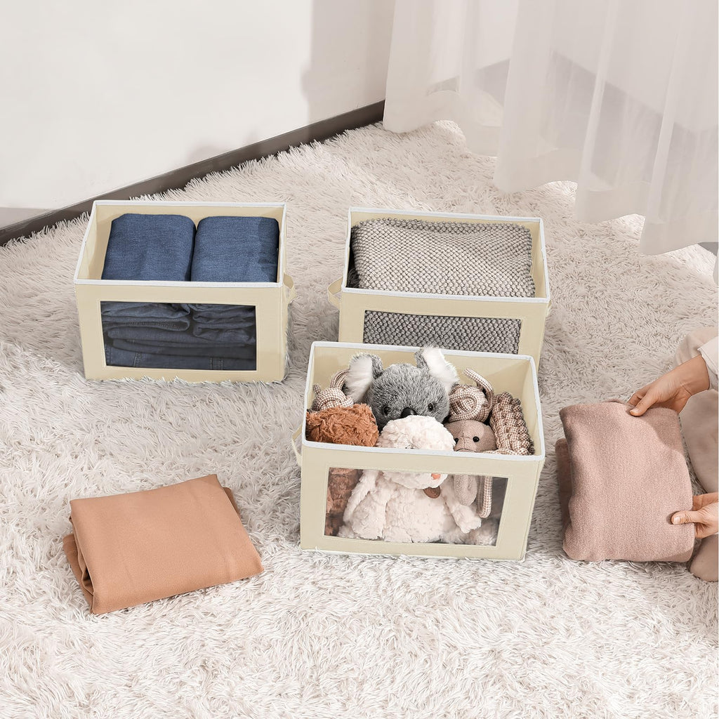 Homsorout Storage Bins with Lids - Fabric Storage Boxe with Window, Collapsible Closet Organizers with Handles, 3 Pack Decorative Bin, Home Cubes Baskets for Clothes, Hat, Books, Dark Grey