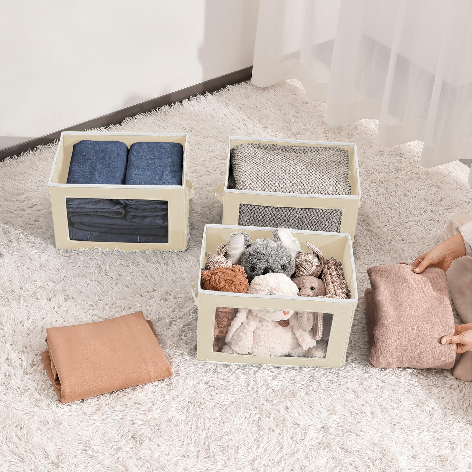 Homsorout Storage Bins with Lids - Fabric Storage Boxe with Window, Collapsible Closet Organizers with Handles, 3 Pack Decorative Bin, Home Cubes Baskets for Clothes, Hat, Books, Dark Grey
