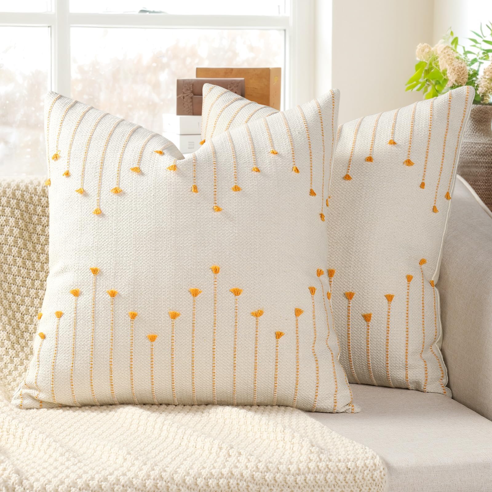 Boho Outdoor Throw Pillow Covers 18x18 Set of 2 Neutral Woven Decorative Pillowcases Cotton Tufted Couch Pillows Modern Farmhouse Cushion Covers for Sofa Couch Bed Living Room Home Decor, Navy Blue