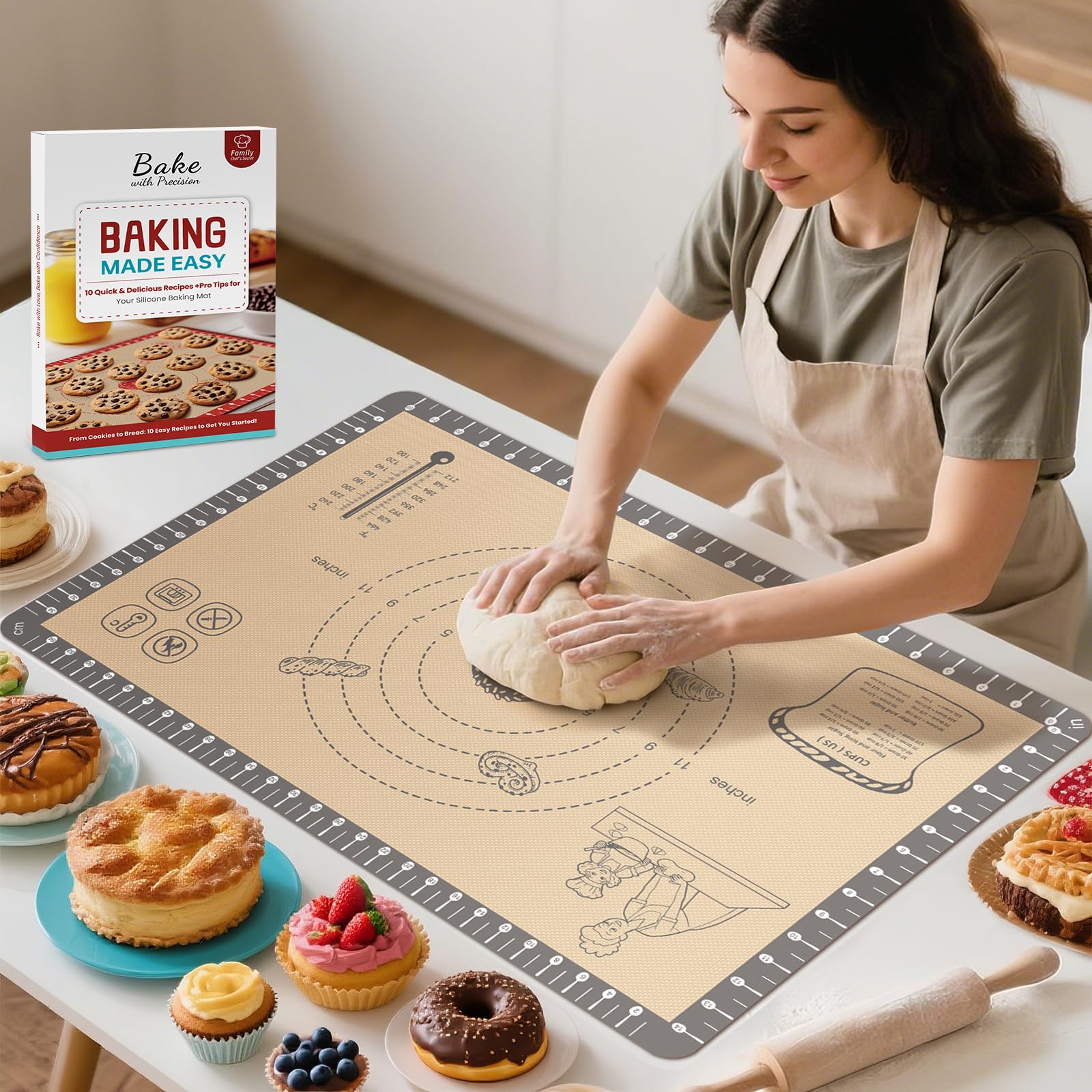 Silicone Baking Mat with Recipes, Extra Thick Silicone Mats for Baking, Non Stick Pastry Mat for Rolling Dough, Silicone Macaron Baking Mat for Cookie,Bread,Pizza,Fondant Mat, Oven&Dishwasher Safe
