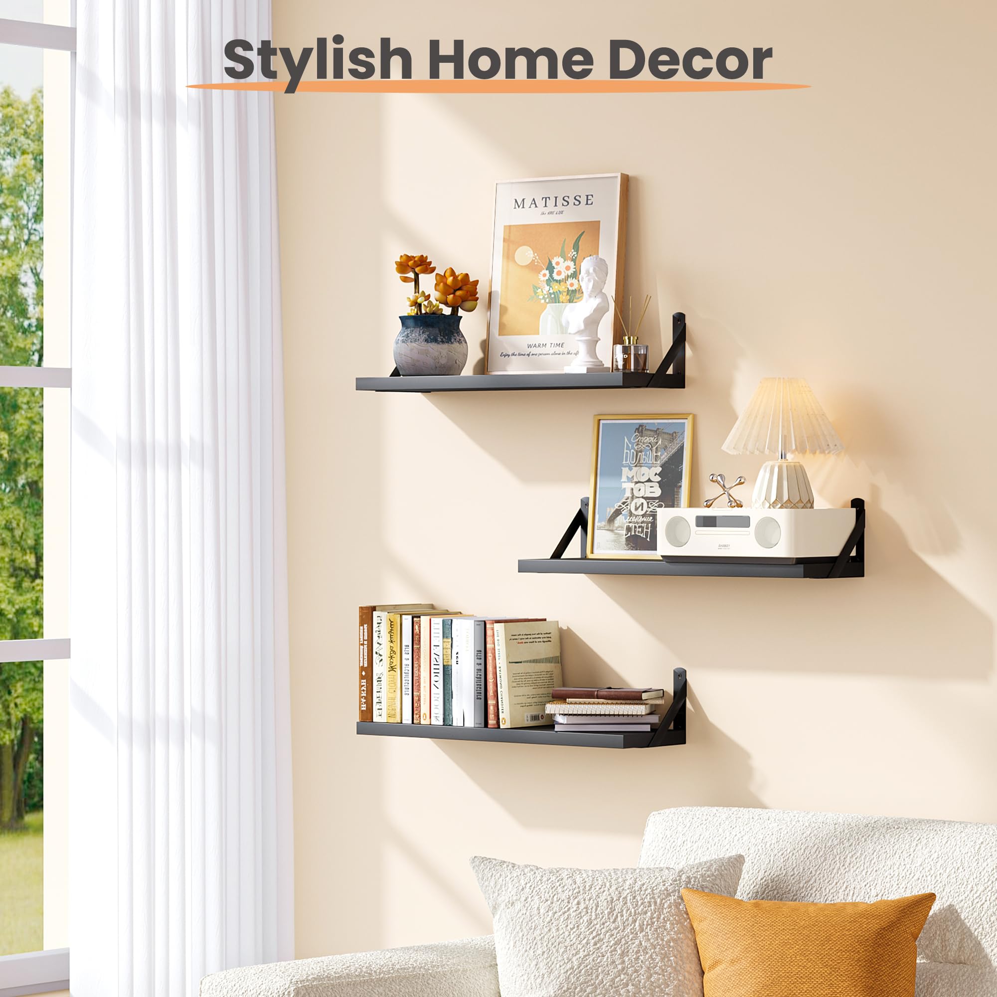 upsimples Floating Book Shelves for Wall, 15.7 Inches Wood Shelves for Living Room, Bathroom, Bedroom, Kitchen Storage and Decoration, White