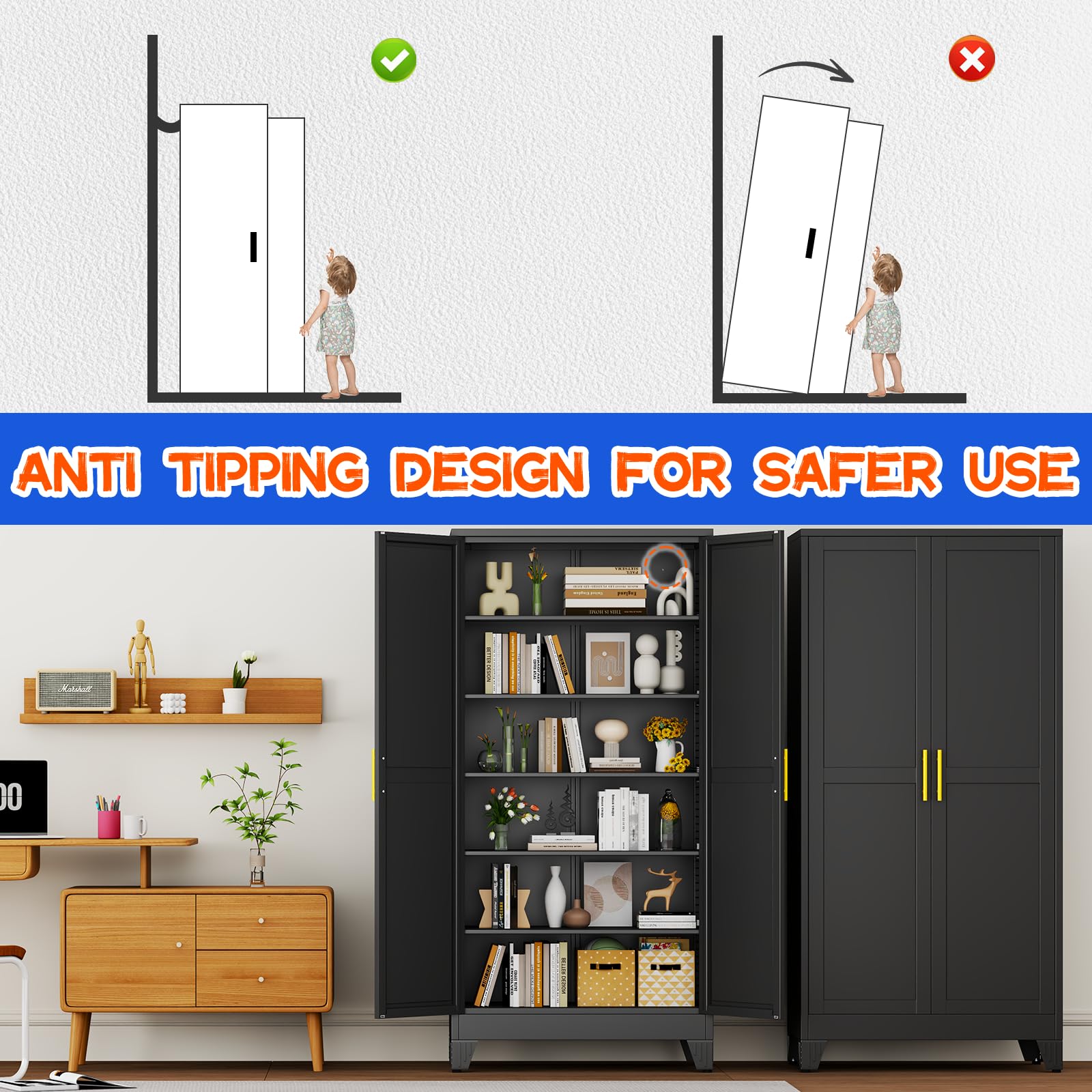 GAIOUS Metal Pantry Cabinet, Kitchen Pantry Storage Cabinets with 2 Door and 3 Adjustable Shelves, White Kitchen Pantry Cabinet, Freestanding Cupboard for Dining Room Living Room Bathroom