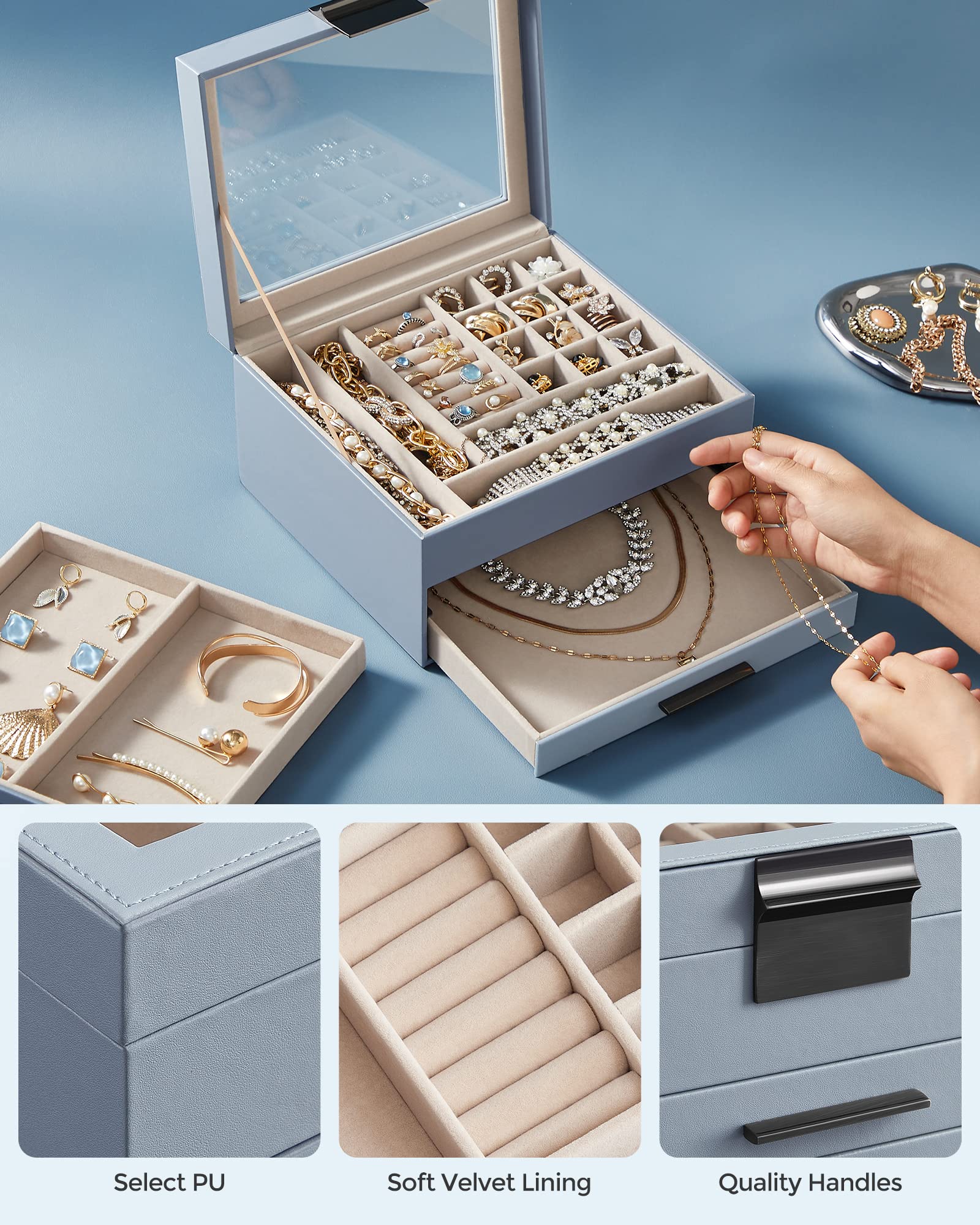 SONGMICS GISELLA Collection - Jewelry Box Organizer, 3-Layer Jewelry Storage with 2 Drawers, Shiny Metal Hardware, Glass Lid, Modern, 8 x 9.1 x 5.3 Inches, Cloud White and Gold Color UJBC239WT