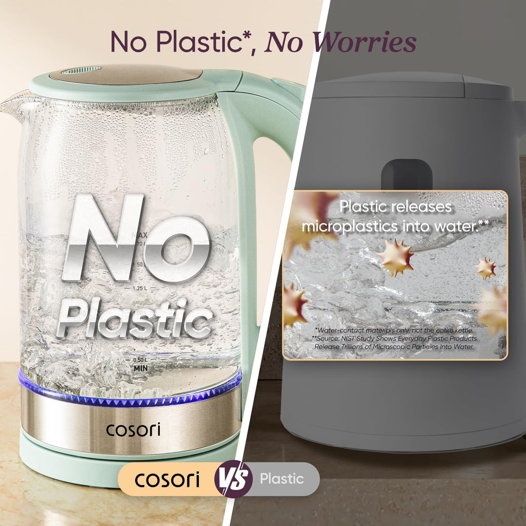 Cosori Electric Kettle, No Plastic Contact With Water, Wide Mouth For Easy Cleaning, Auto Shut Off, 1.7L Tea Kettle & Hot Water Boiler, Water Heater & Teapot, Borosilicate Glass, Black, 1500W