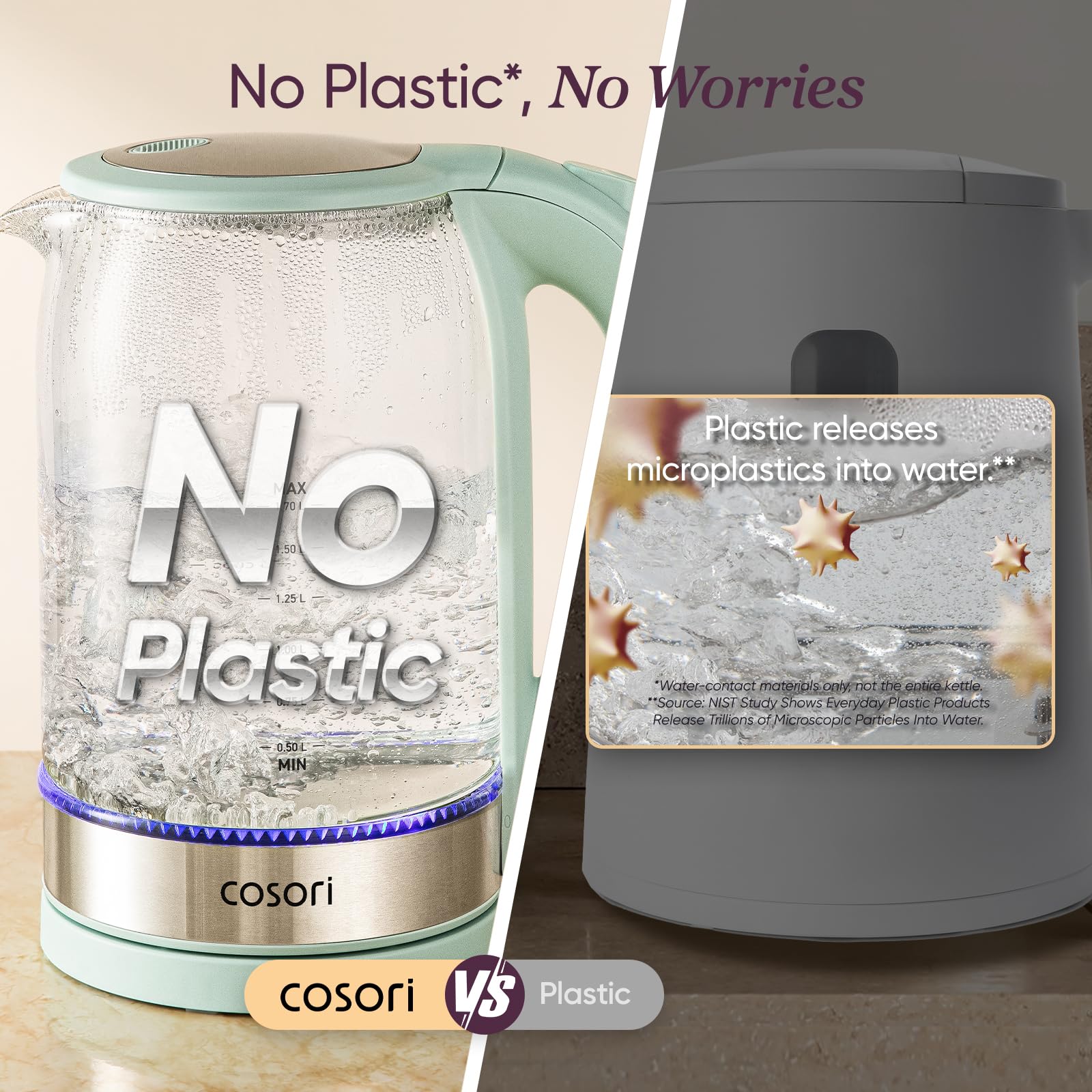 Cosori Electric Kettle, No Plastic Contact With Water, Wide Mouth For Easy Cleaning, Auto Shut Off, 1.7L Tea Kettle & Hot Water Boiler, Water Heater & Teapot, Borosilicate Glass, Black, 1500W