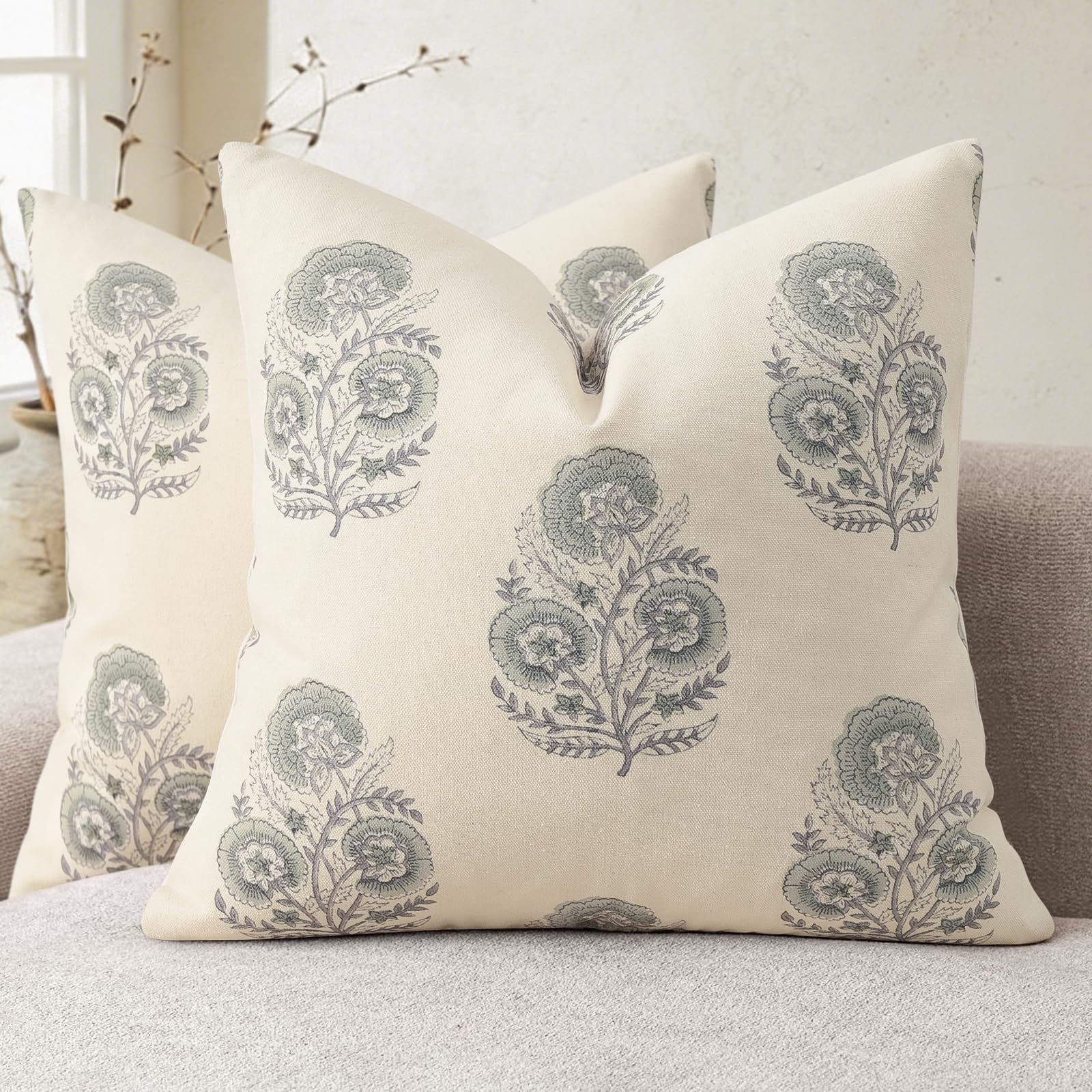 YCOLL Vintage Floral Print Pillow Covers 18x18 Set of 2 Patterned Accent Decorative Cushion Covers Modern Farmhouse Throw Pillow Covers for Sofa Couch Chair Bed Living Room Home Decor, Light Blue