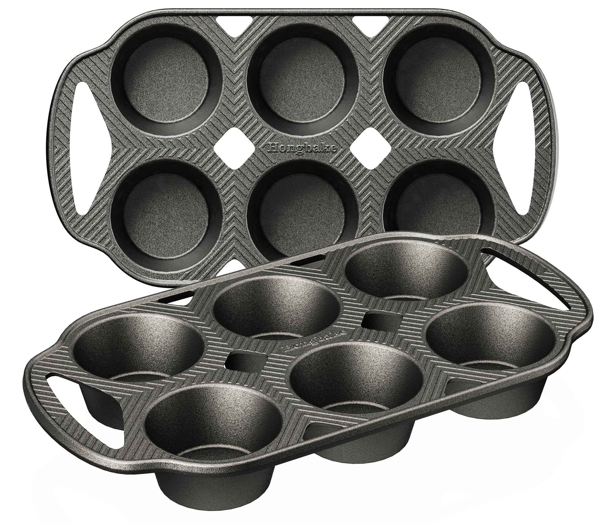 HONGBAKE Everline Collection Cast Iron Muffin Pans, Non toxic Uncoated 6-Cup Muffin Tins, Non-Stick Pre-Seasoned Cupcake Tray Pan Set for Baking, Oven & Stovetop Safe, Standard Size, 2 Pack