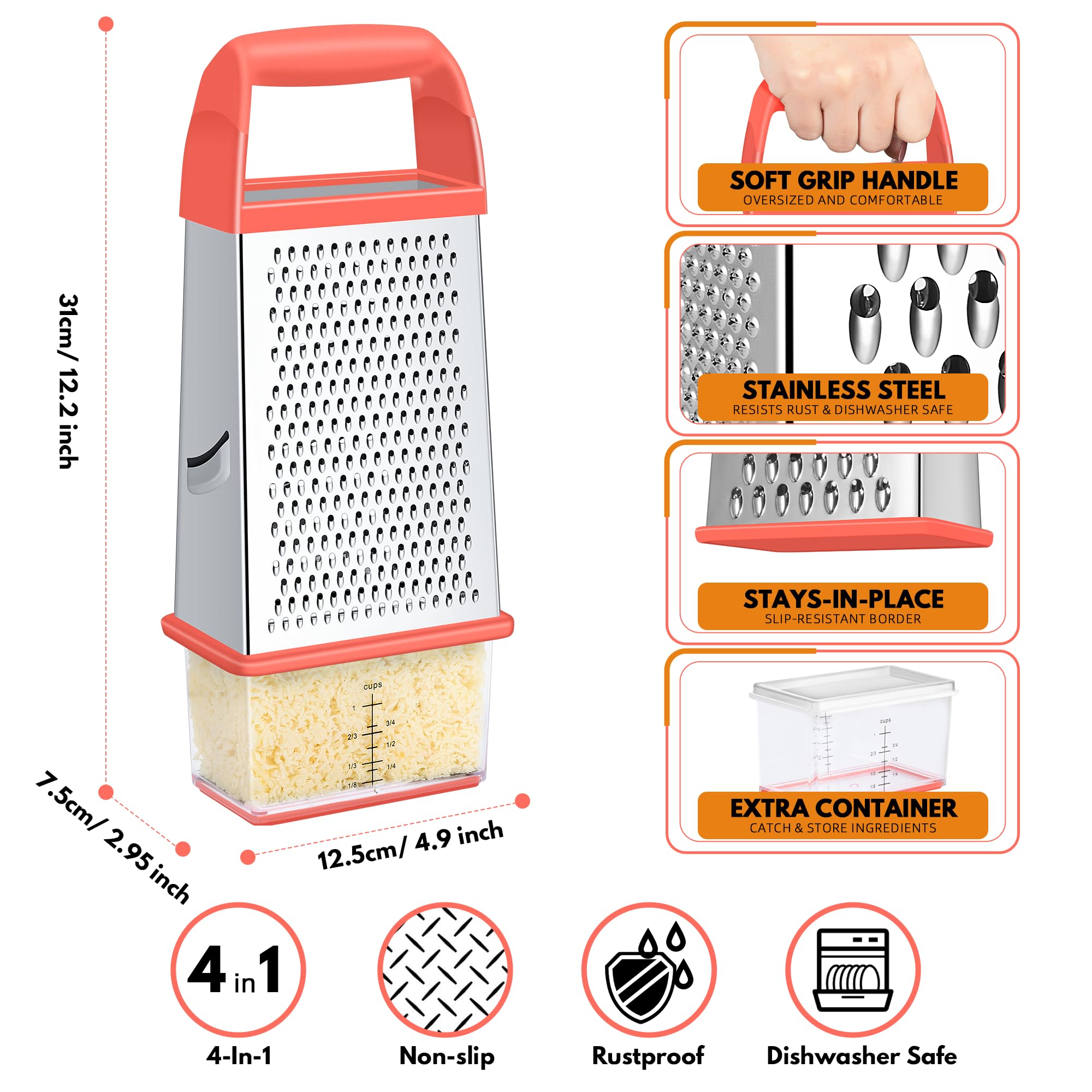 Urbanstrive Cheese Grater With Container Box Grater Stainless Steel Graters for Kitchen Cheese Shredder Parmesan Shredder Kitchen Gadgets Kitchen Tools Kitchen Gifts for Chef Dishwasher Safe Zester