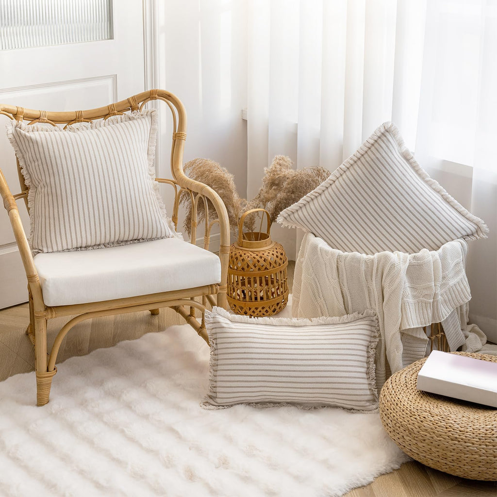 YEENAASY Throw Pillow Covers 20x20 Set of 2 Striped Fringe Pillow Cover Farmhouse Cushion Covers with Tassel Neutral Boho Pillows Decorative Square Pillowcase for Couch Sofa Bed, Black