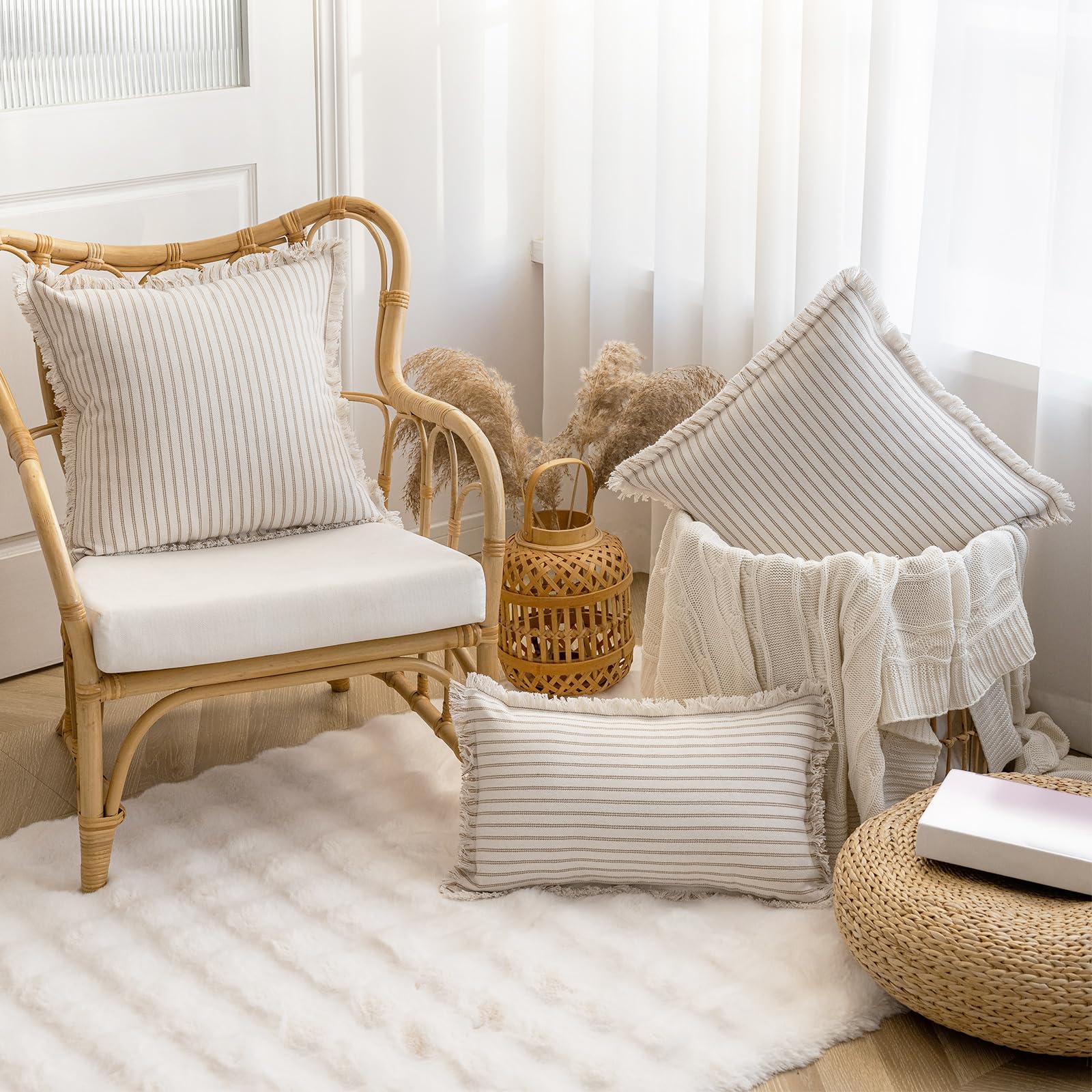 YEENAASY Throw Pillow Covers 20x20 Set of 2 Striped Fringe Pillow Cover Farmhouse Cushion Covers with Tassel Neutral Boho Pillows Decorative Square Pillowcase for Couch Sofa Bed, Black