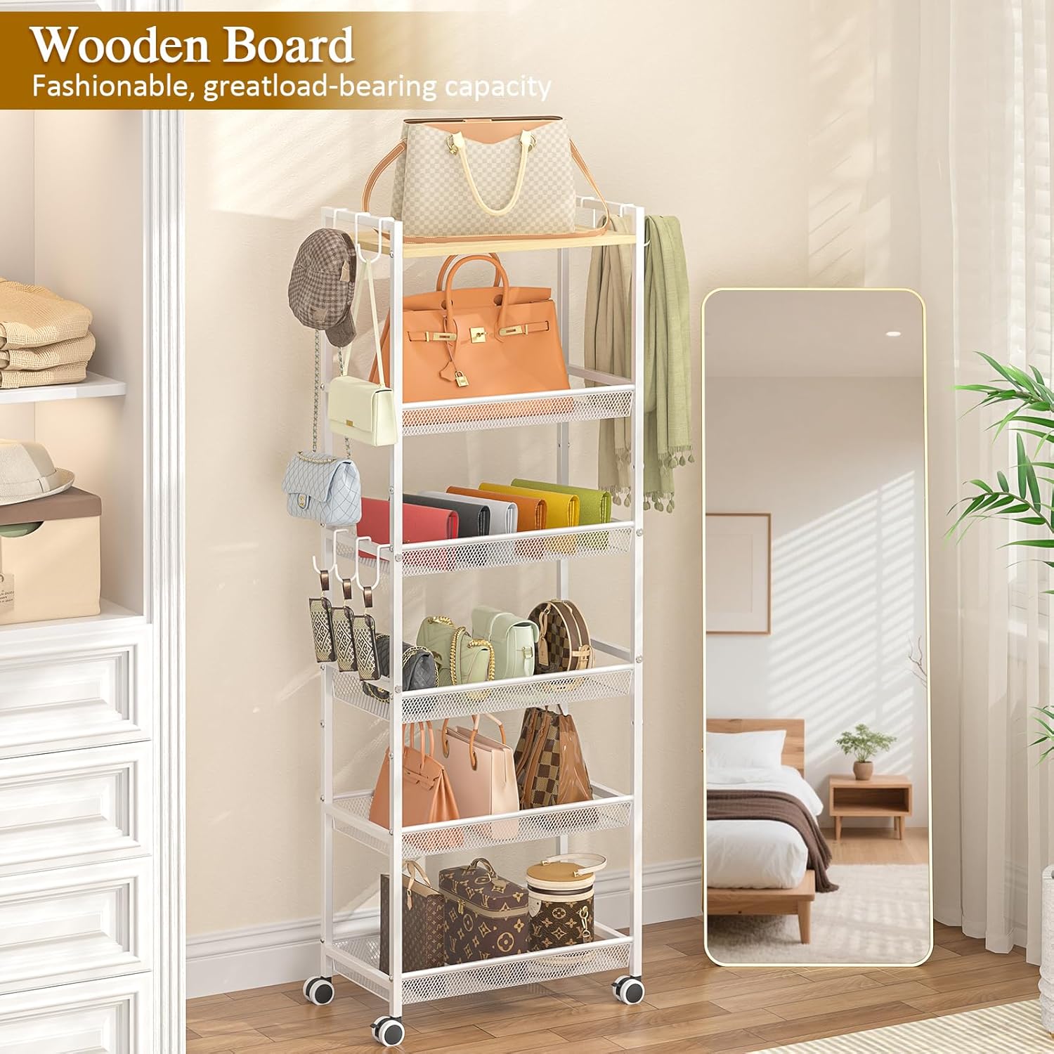 ThreeHio 6-Tier Closet Organizer and Storage Shelf with 12 Hooks, Tall Purse Rack for Closet with Lockable Wheels & Wooden Top, Heavy-Duty Rolling Handbag Stand Rack for Bedroom or Entryway, White